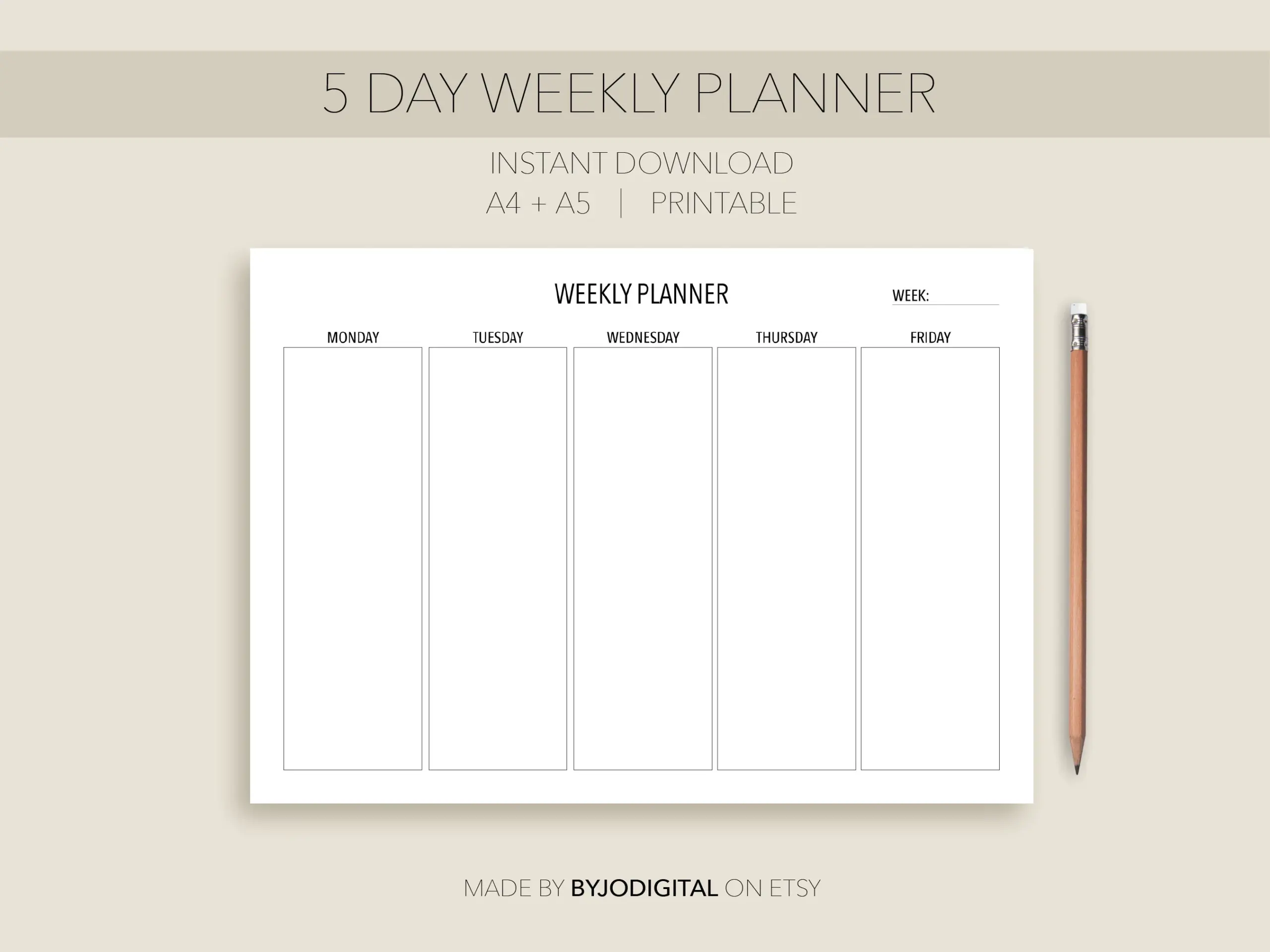 Blank Minimalistic 5 Day Printable Weekly Planner I Instant 