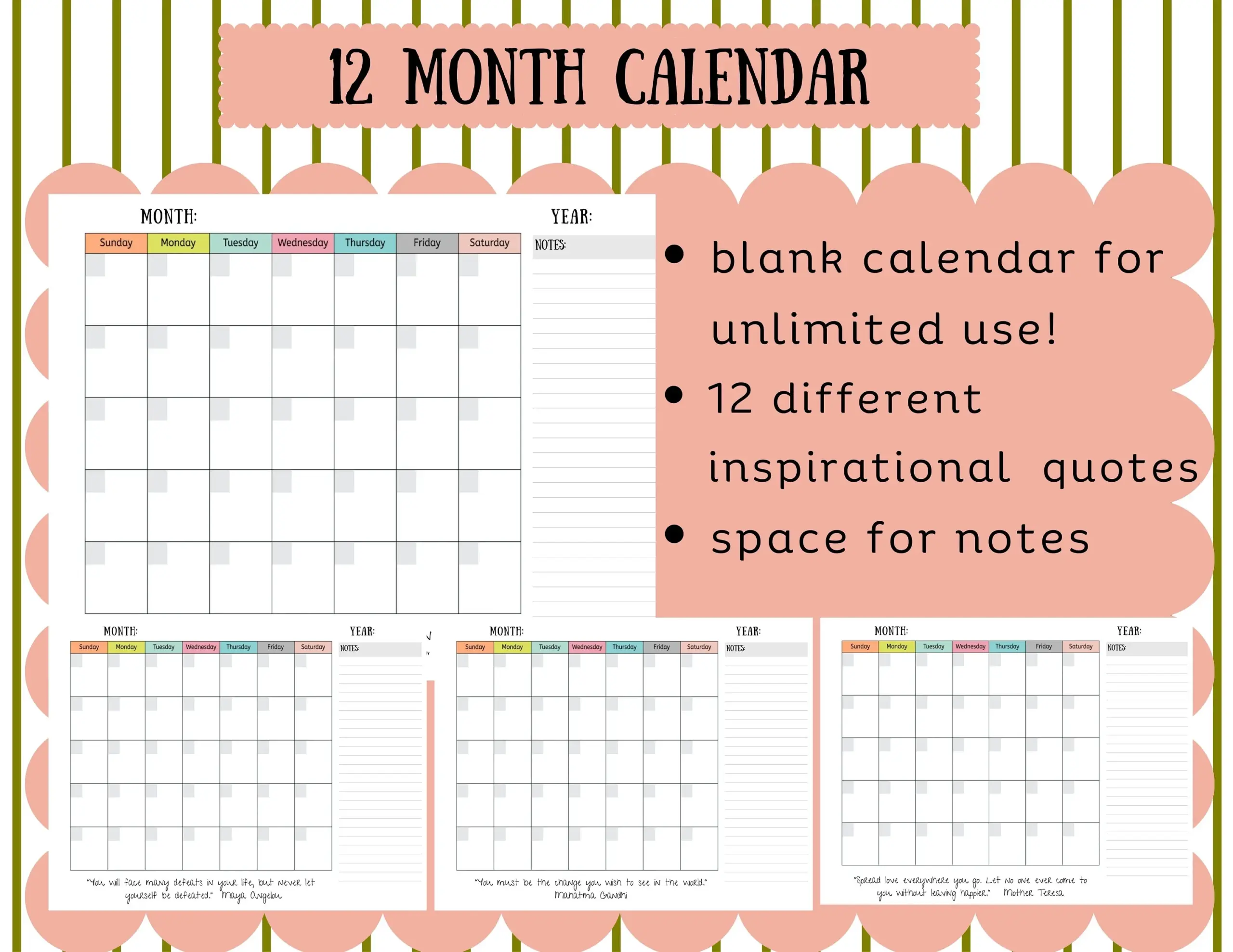 Blank Monthly Calendar Inspirational Quotes Printable landscape 