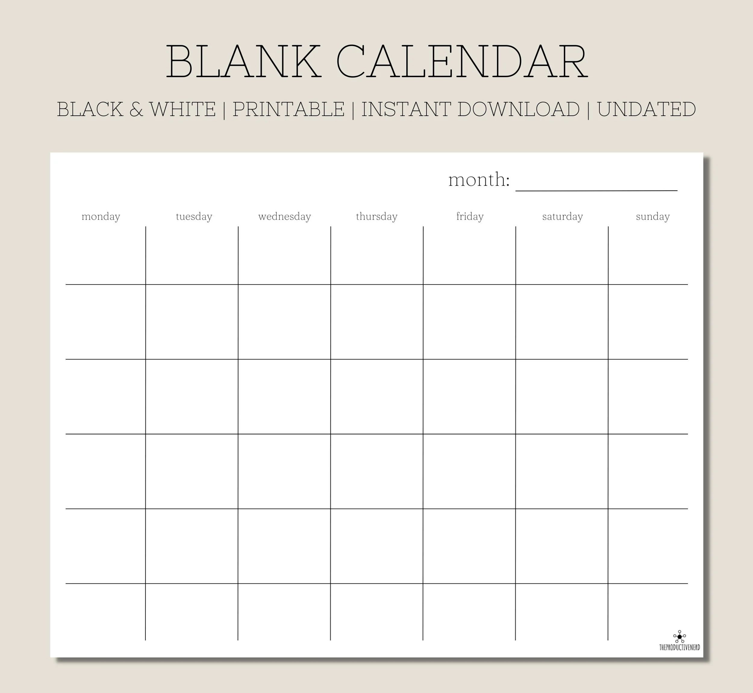 Blank Monthly Calendar Printable Black And White Calendar 