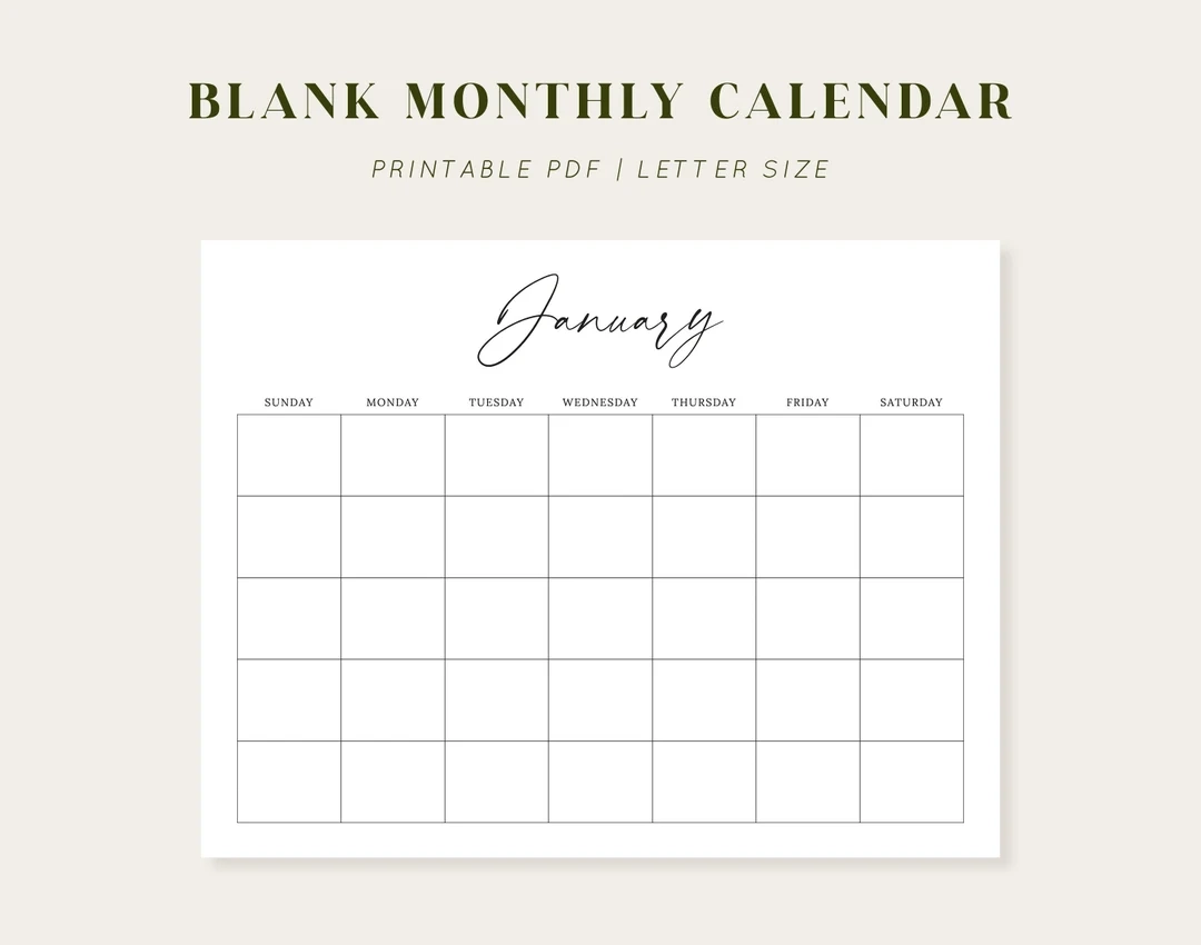 Blank Monthly Calendar Printable Calendar 8 5x11 Letter Size 