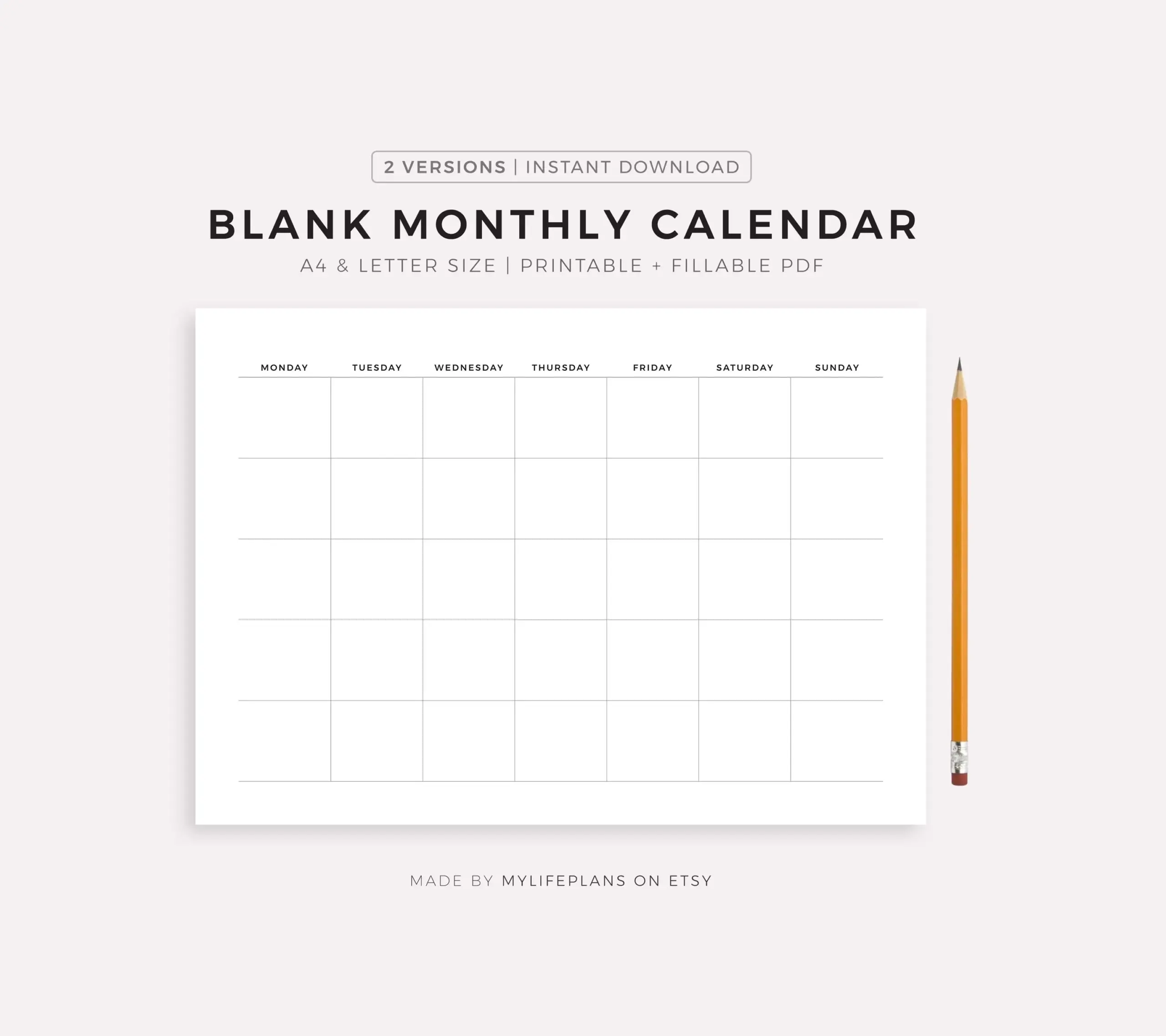 Blank Monthly Calendar Printable Landscape Minimalist Calendar 