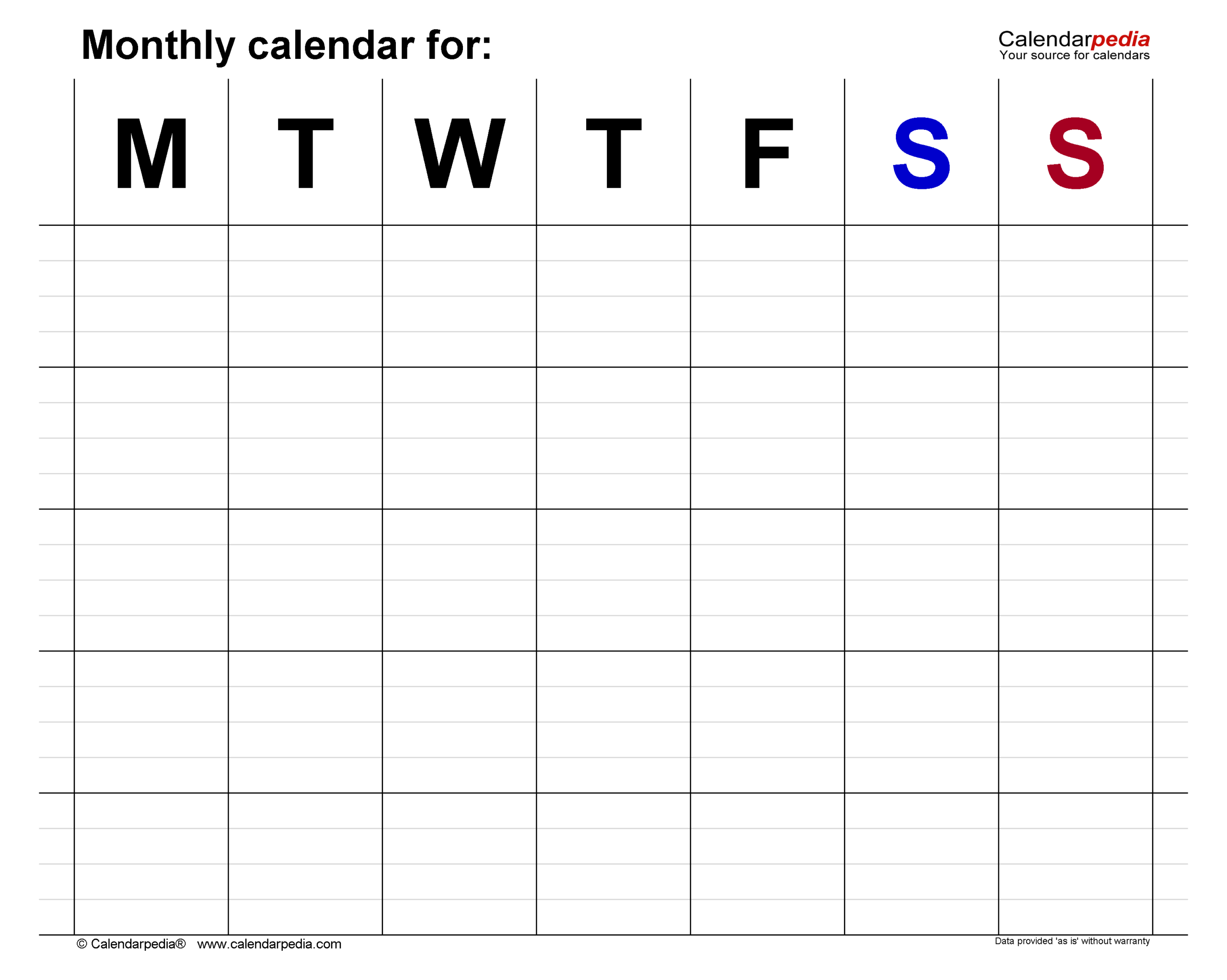 Printable Calendar Blank Monday Month