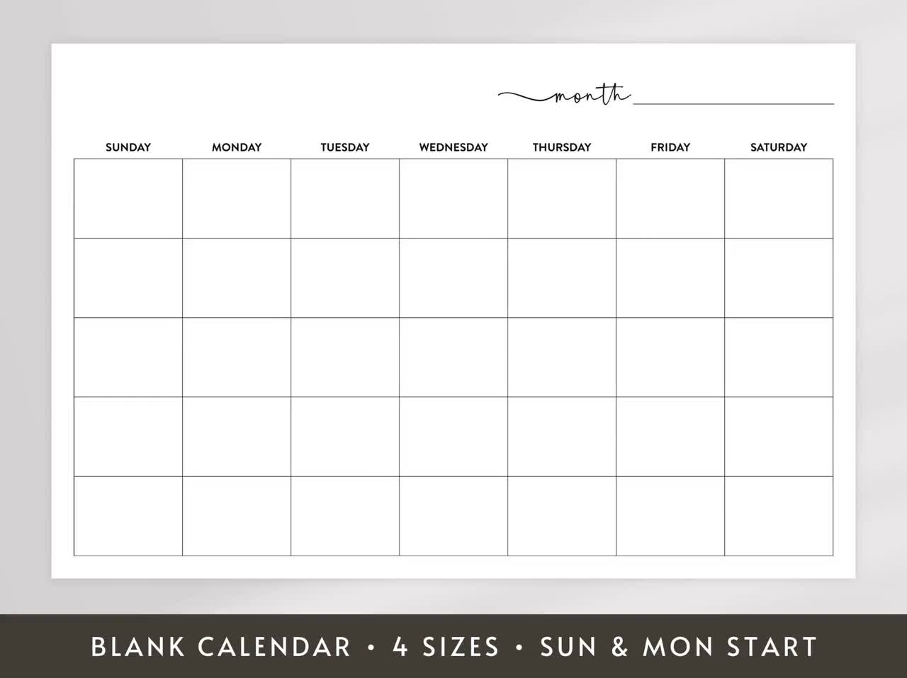 Blank Printable Calendar Large Undated Wall Calendar 8x11 18x24 24x36 27x40 Sunday And Monday Start Digital Download