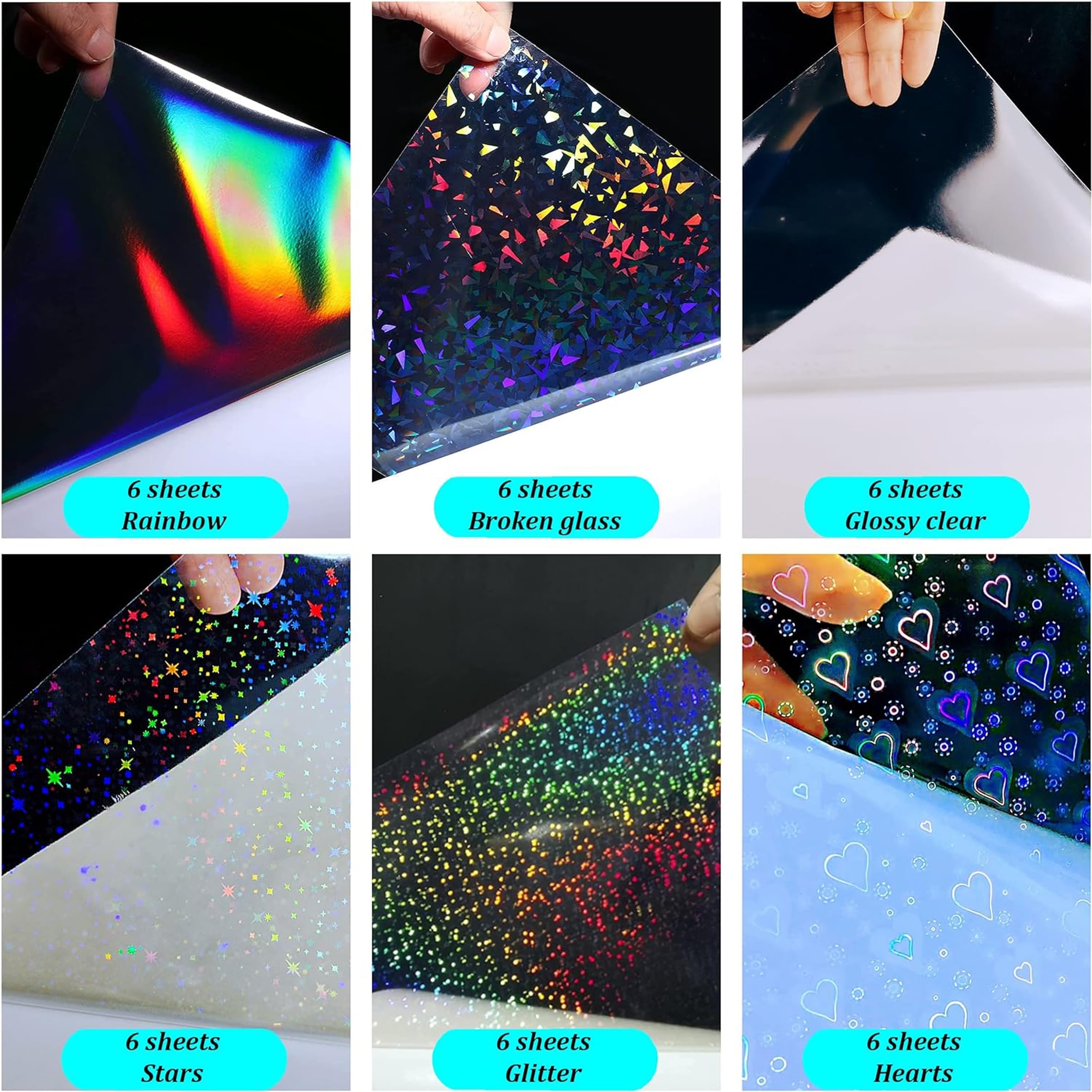 Bleidruck 36 Sheets Holographic Clear Vinyl Holographic Stickers Paper Self Adhesive Transparent Holographic Overlay Film With A4 Size 6 Styles Mixed 