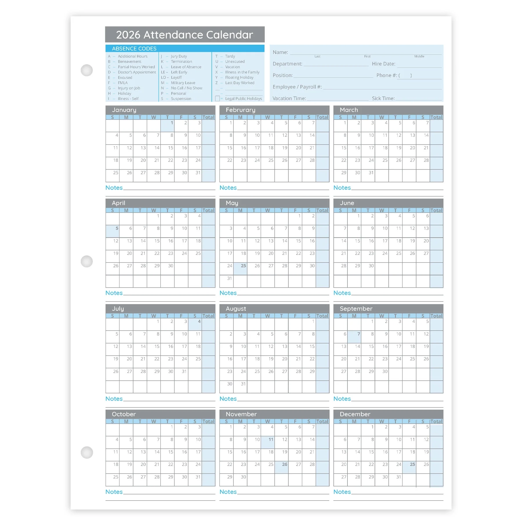 Blue Summit Supplies Employee 2026 Attendance Sheets Hole Punched 50