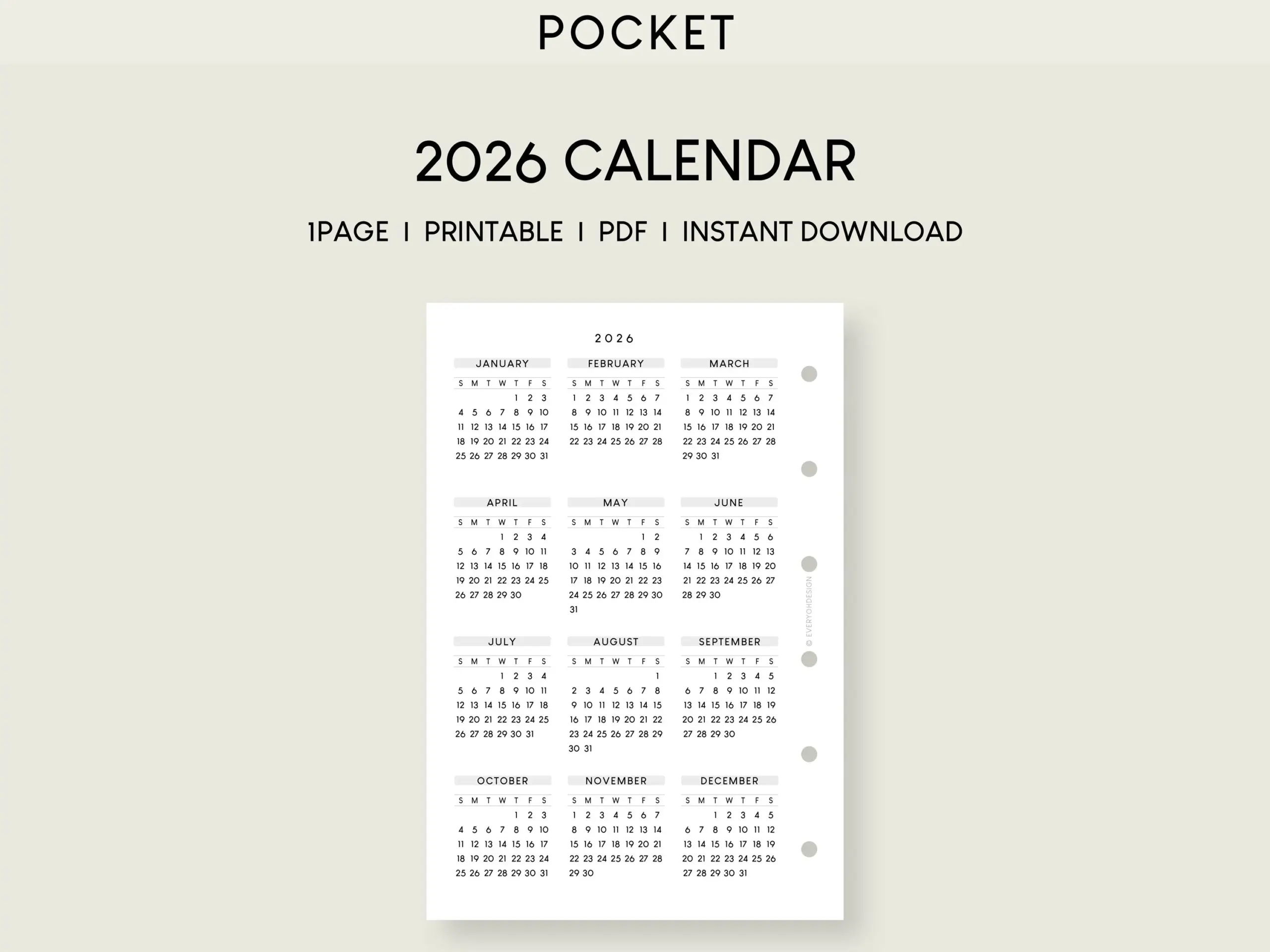 Buy 2026 Pocket Calendar Printable Insert Yearly Planner PDF 