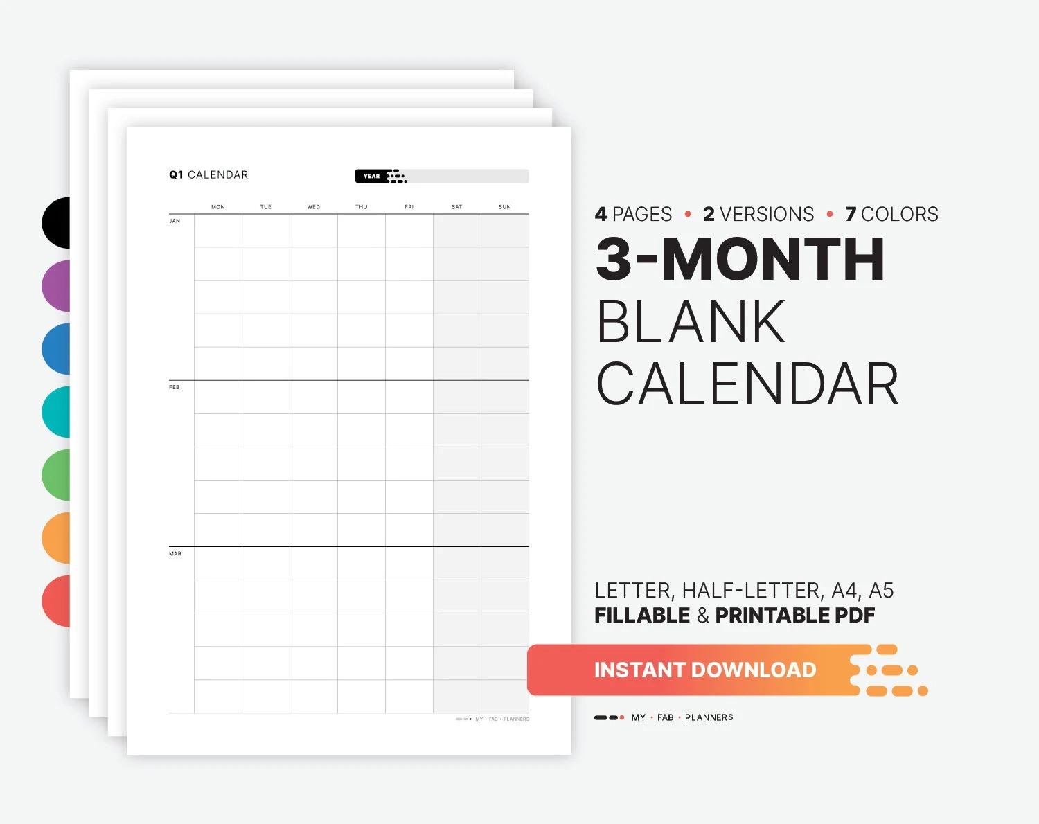 Buy 3 month Fillable Calendar Quarterly Planner A4 A5 Letter 