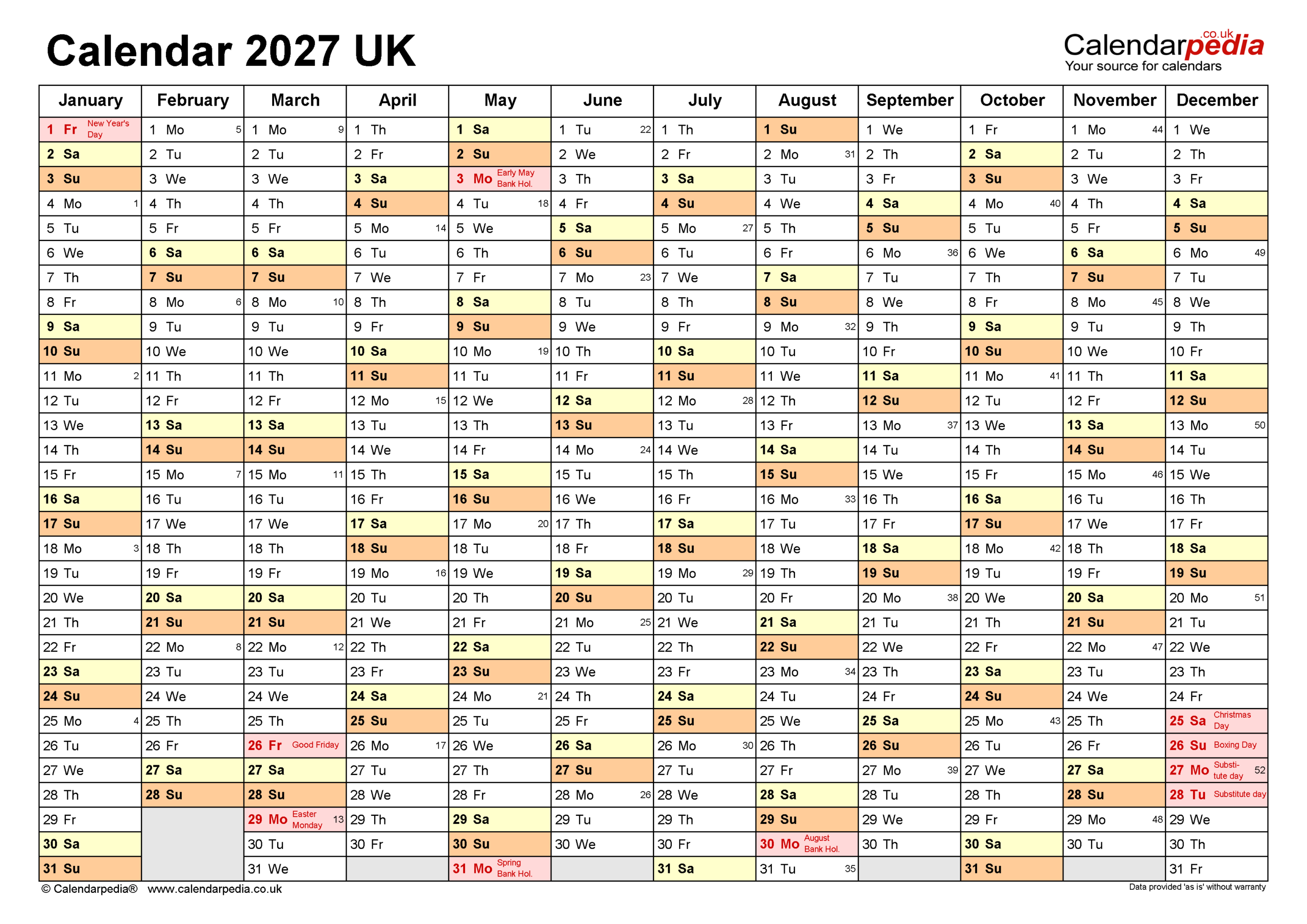 Calendar 2027 UK Free Printable PDF Templates