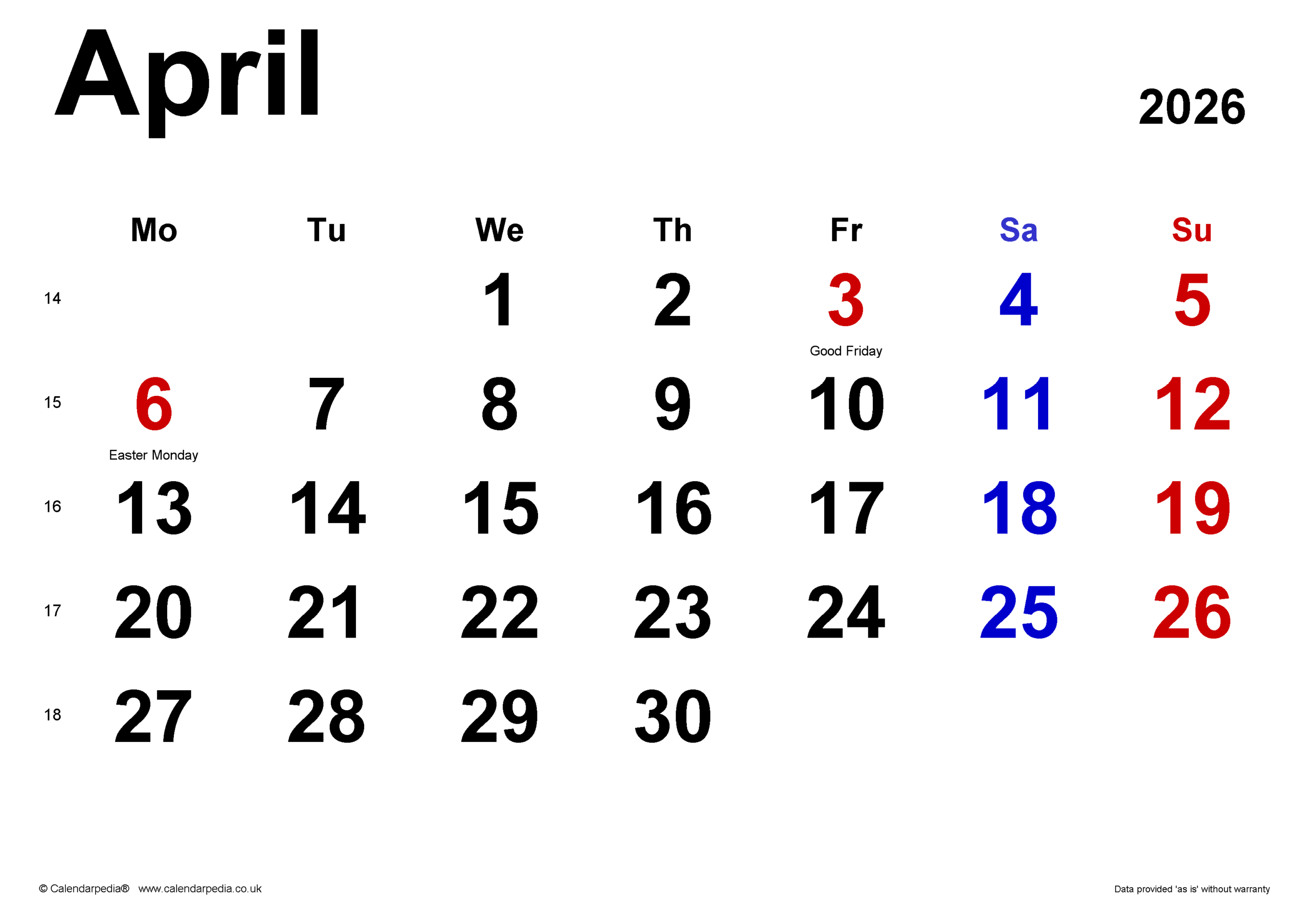 April 2026 Calendar Uk