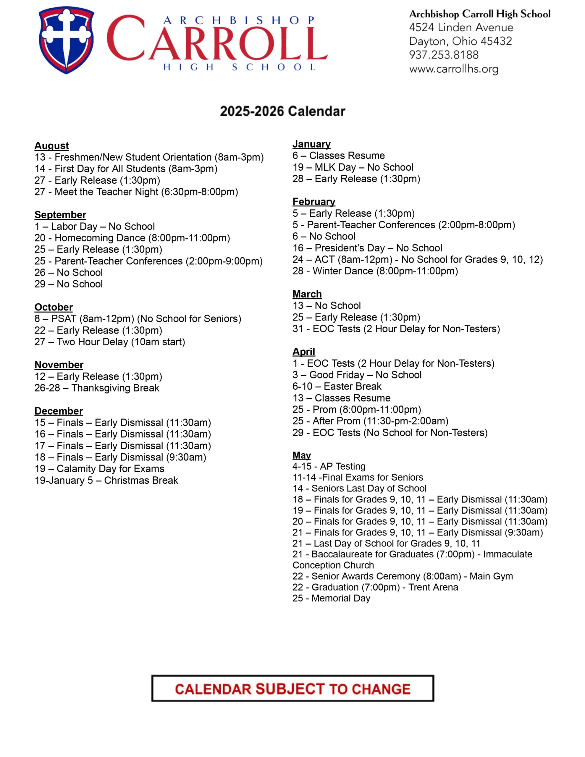 Calendar Archbishop Carroll High School