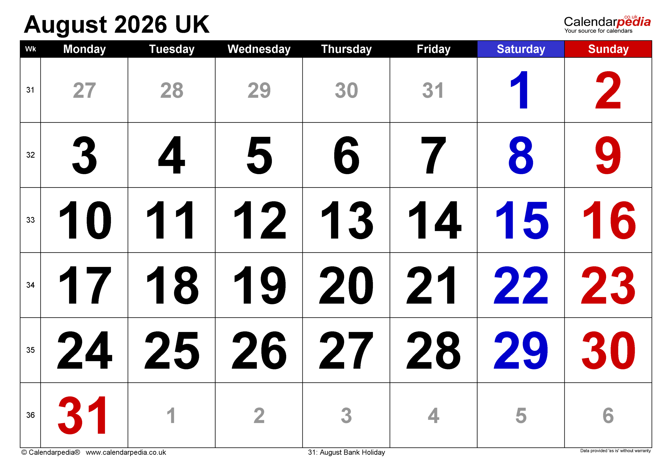 August 2026 Printable Calendar Blank