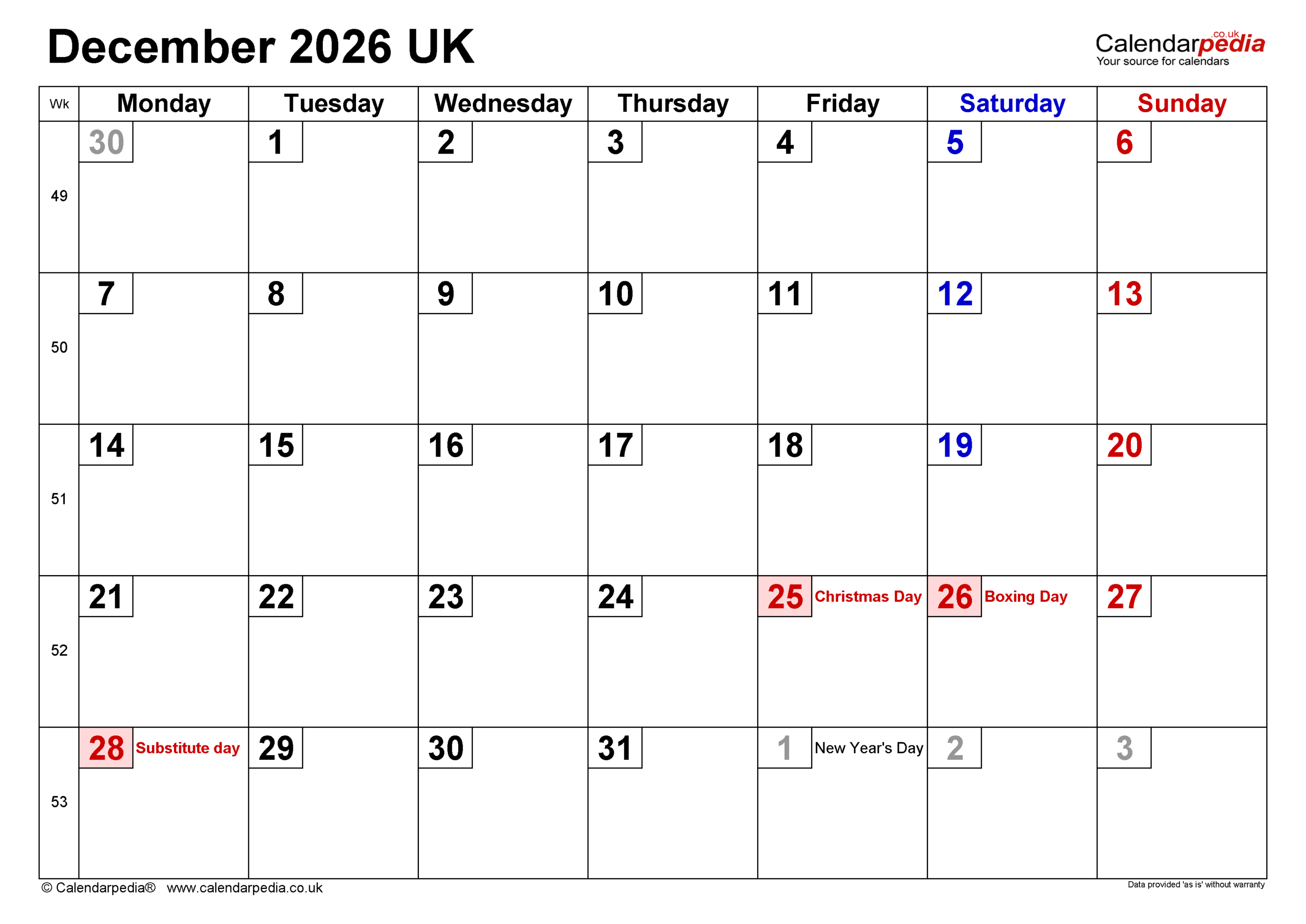 Calendar December 2026 UK With PDF Excel And Word Templates