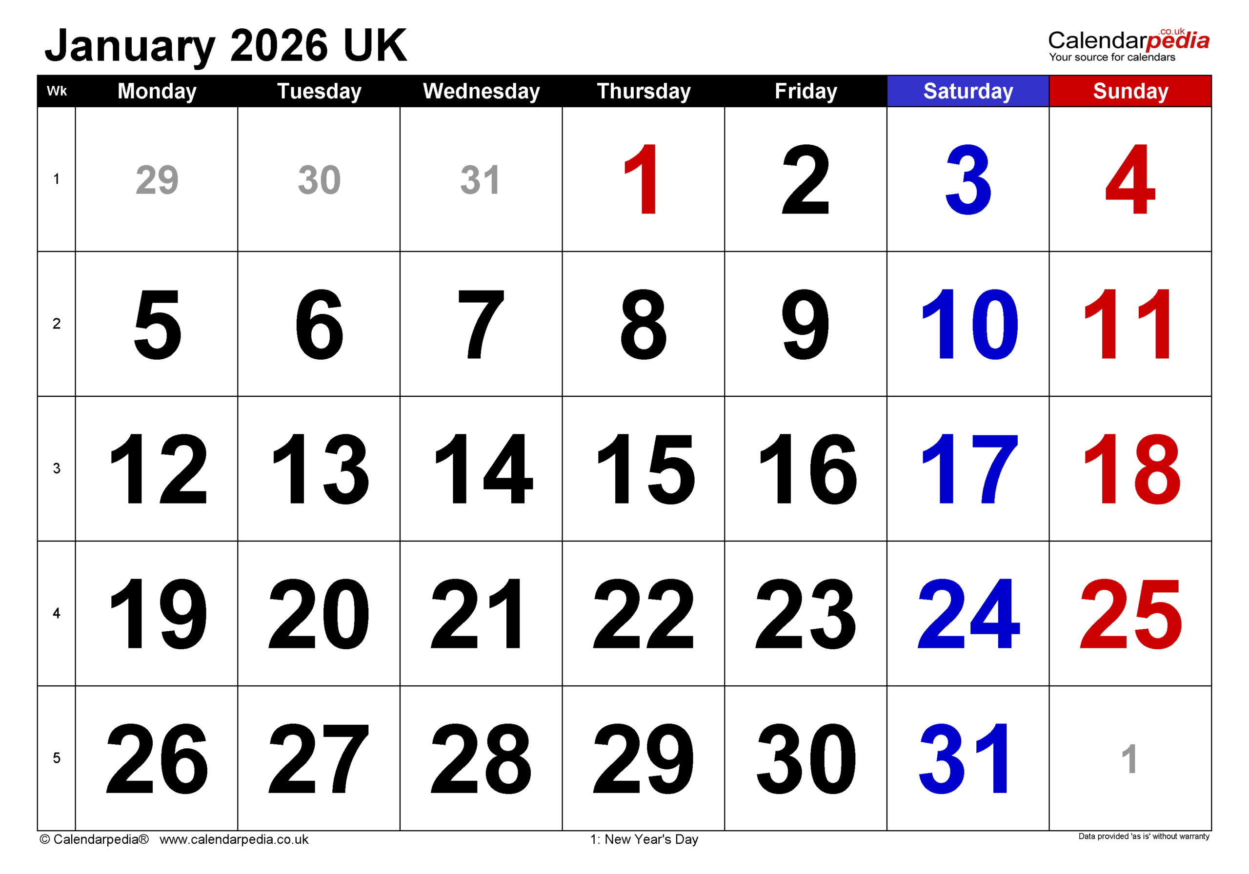 Calendar January 2026 Printable