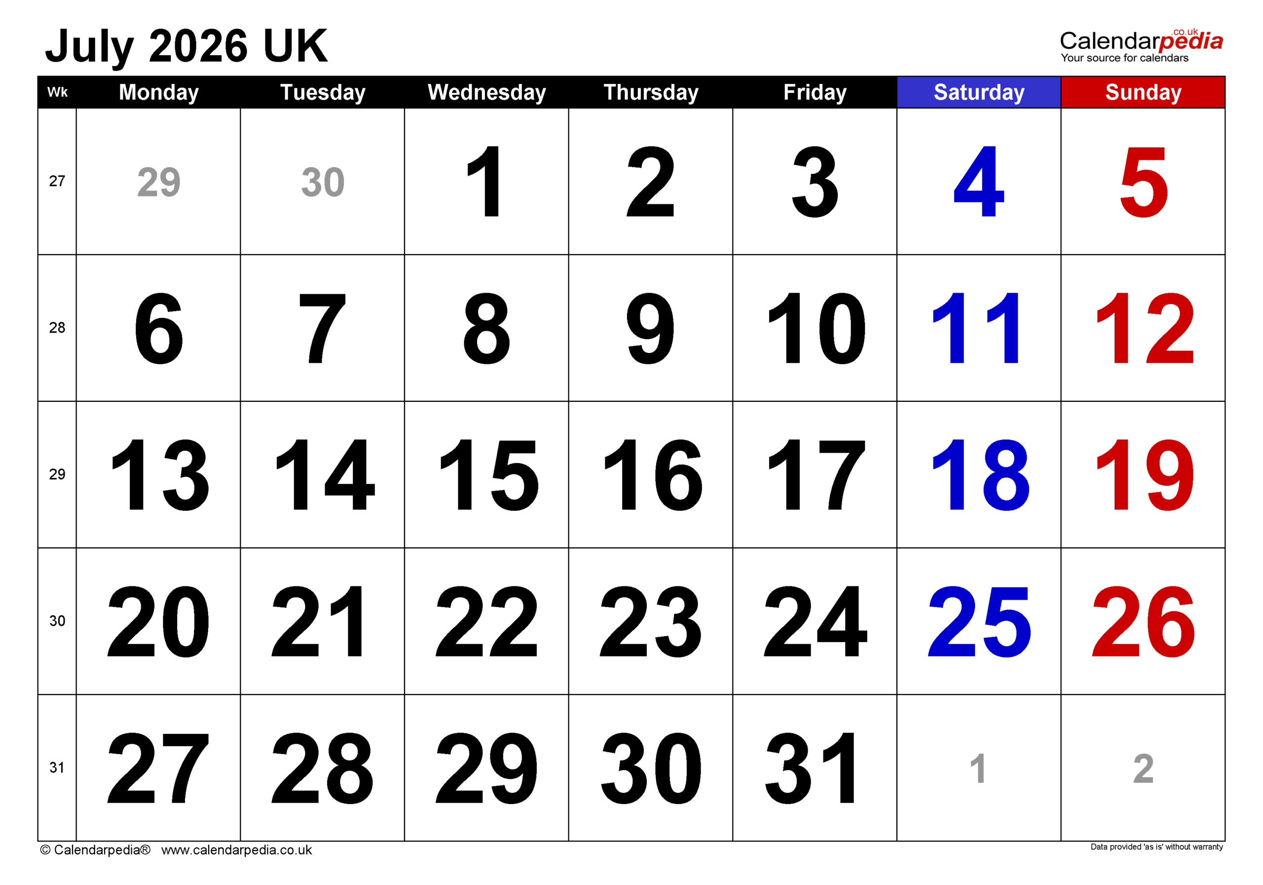 Printable Calendar 2026 July Through December