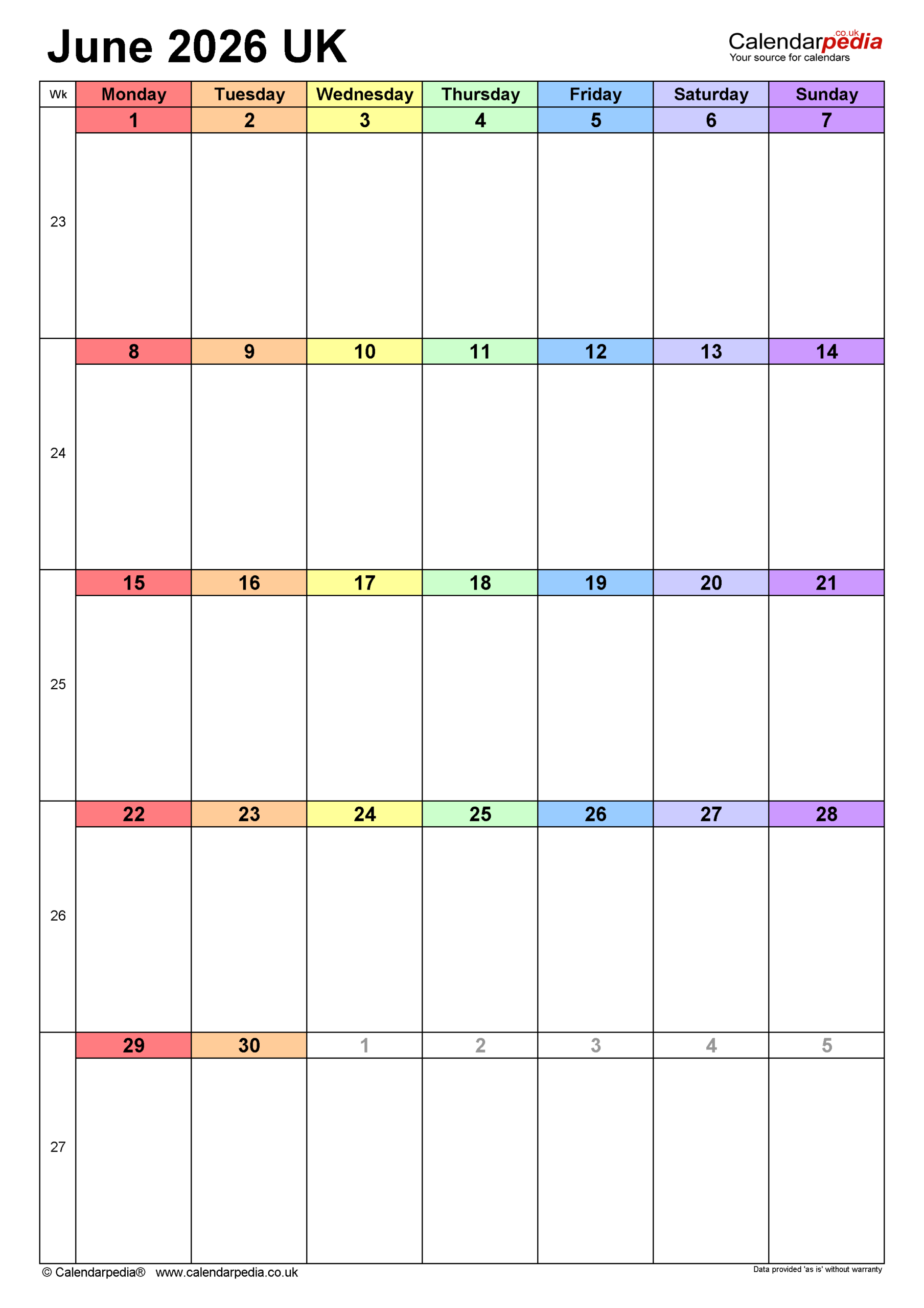 Blank June Calendar 2026 Portrait
