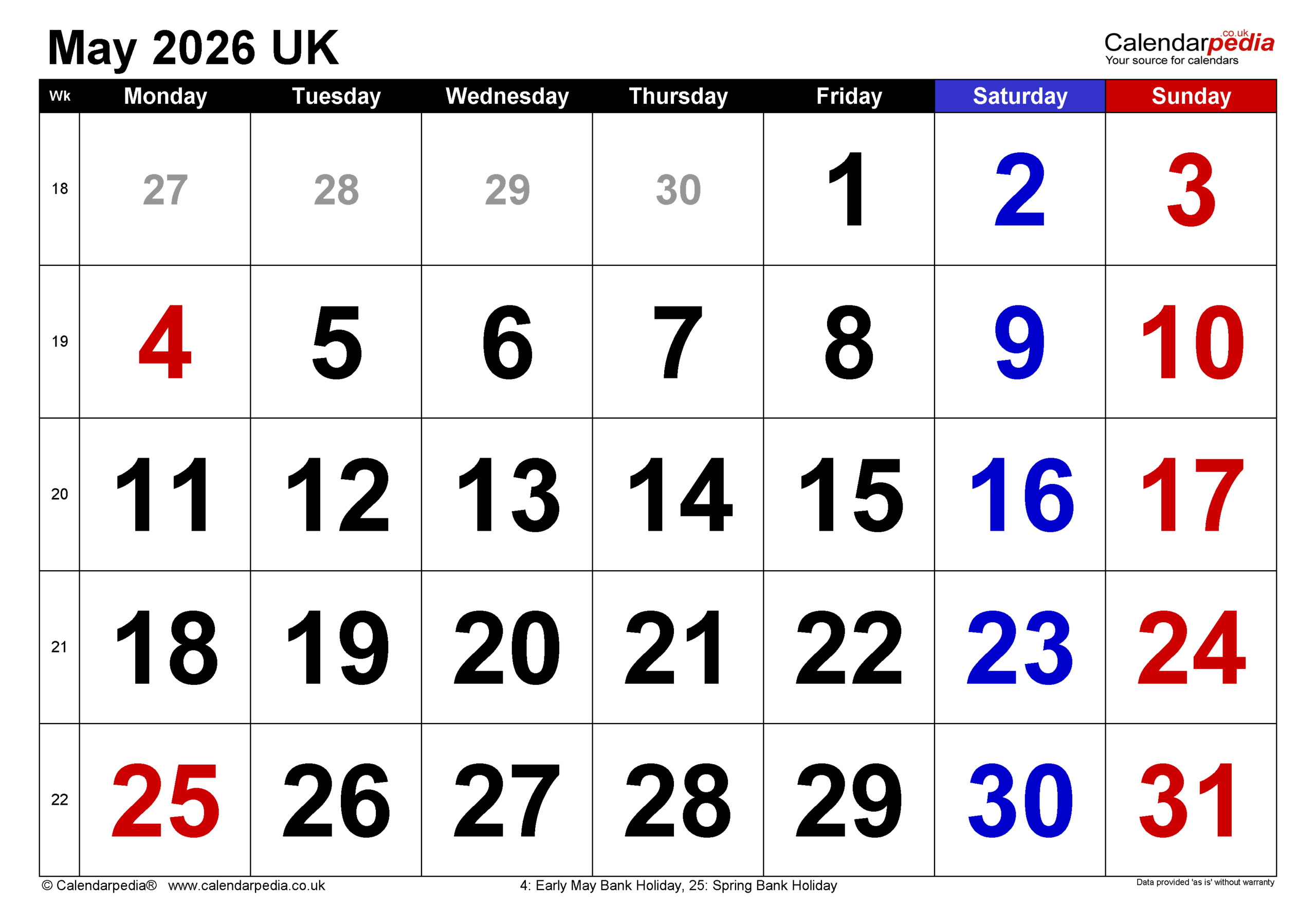 Calendar May 2026 Printable