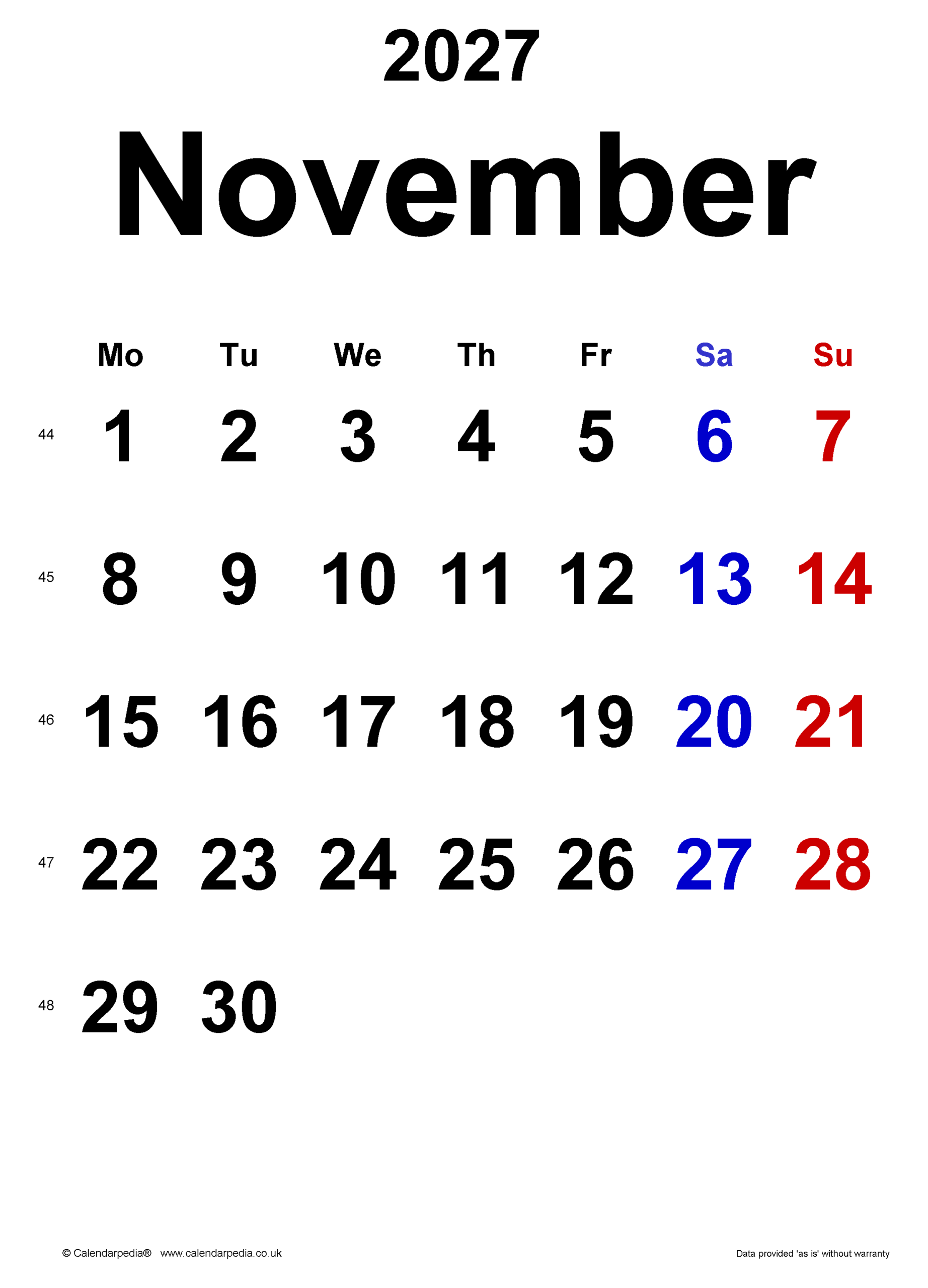 Printable Week Calendar November 26 2027