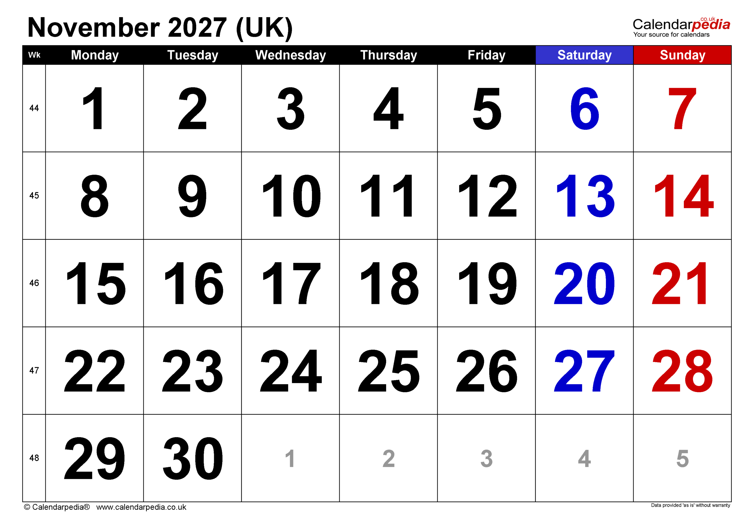 Calendar November 2027 UK With PDF Excel And Word Templates