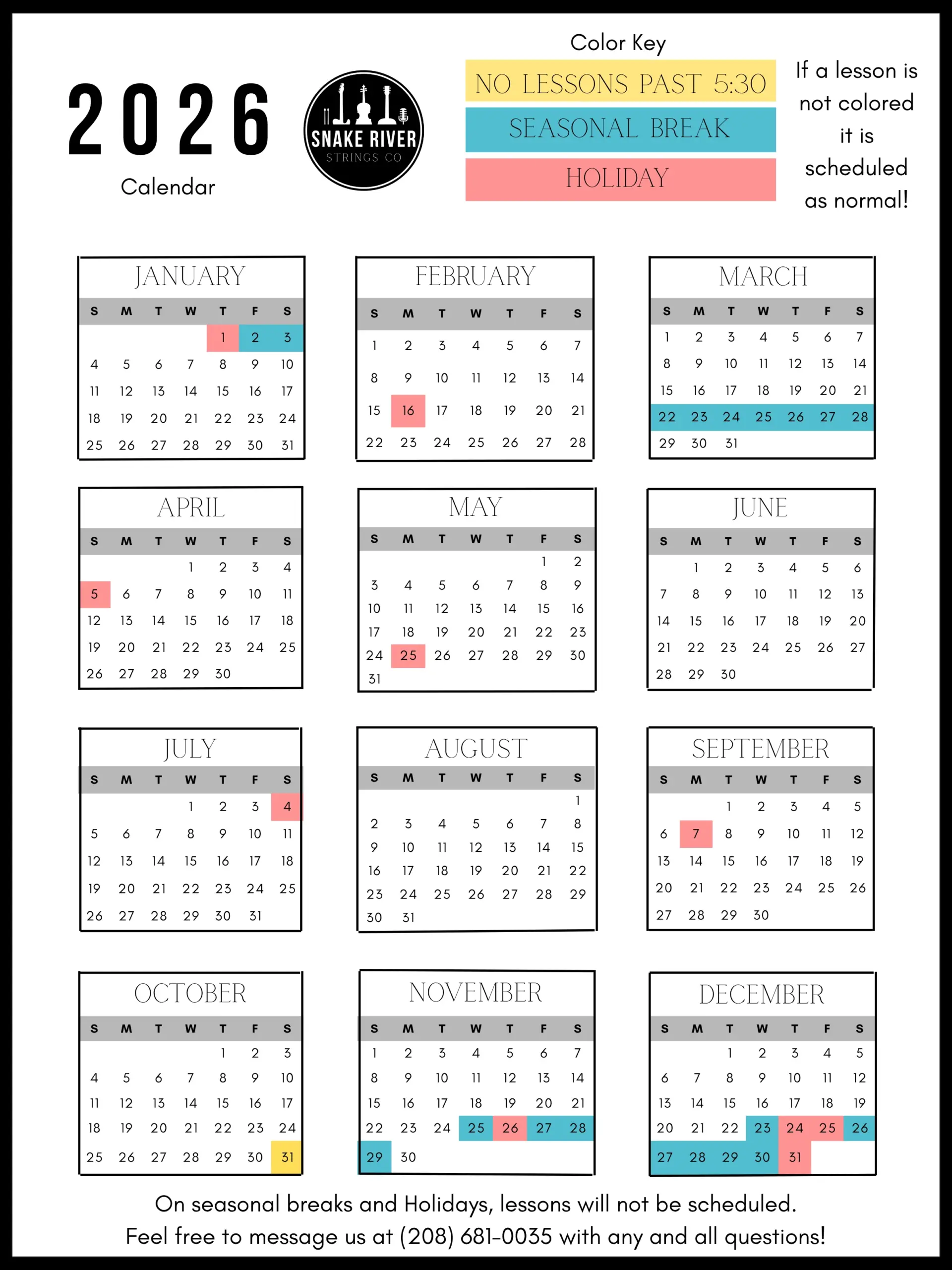 Calendar Snake River Strings Co