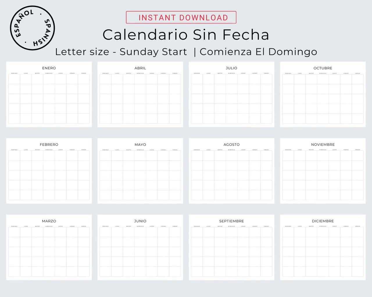 Calendario Sin Fecha Calendario Mensual Blank Spanish Monthly Calendar Undated Spanish Planner Landscape Minimal Calendar A4 amp Letter Size