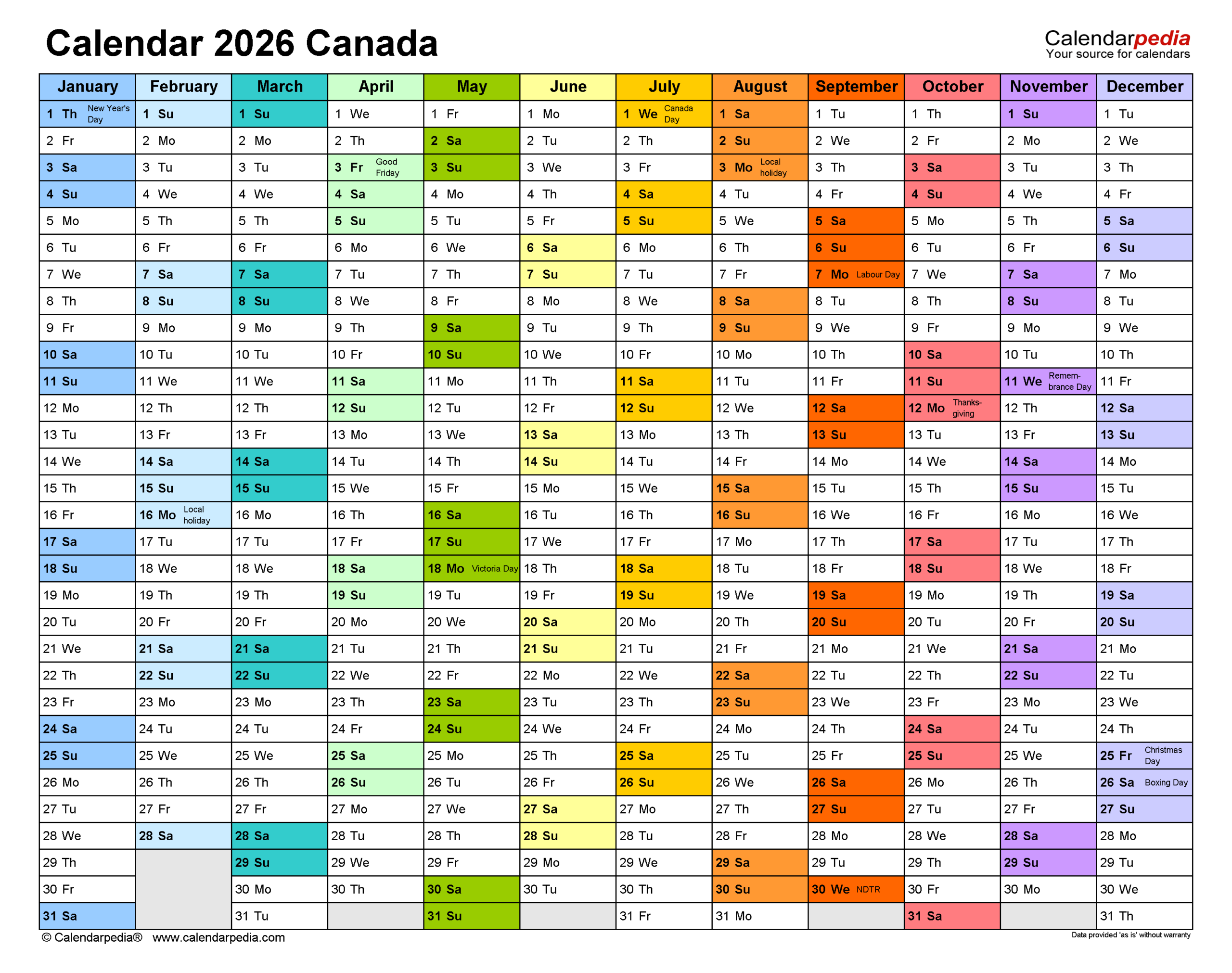 Canadian Holidays 2026 Calendar