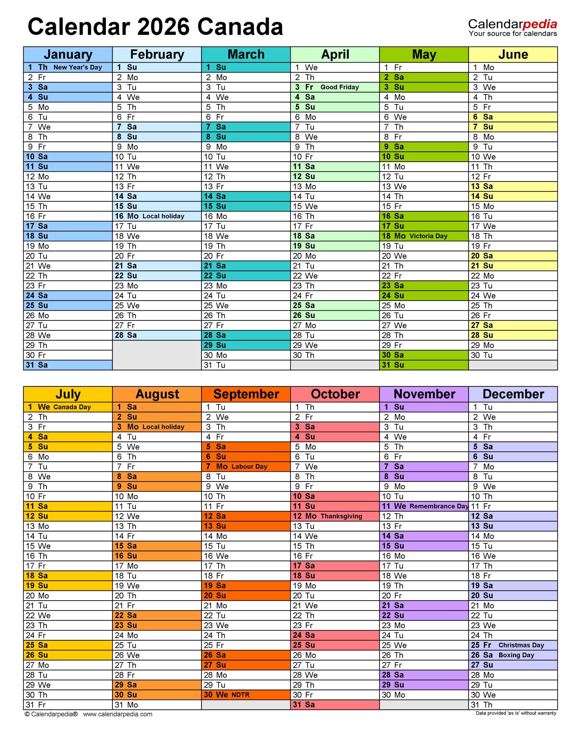 Canada Calendar 2026 Free Printable PDF Templates