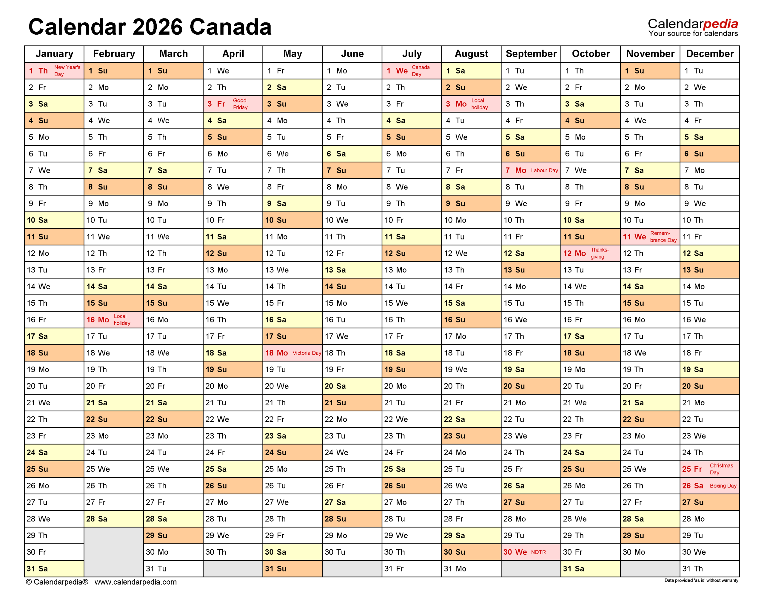 Canada Calendar 2026 Free Printable PDF Templates