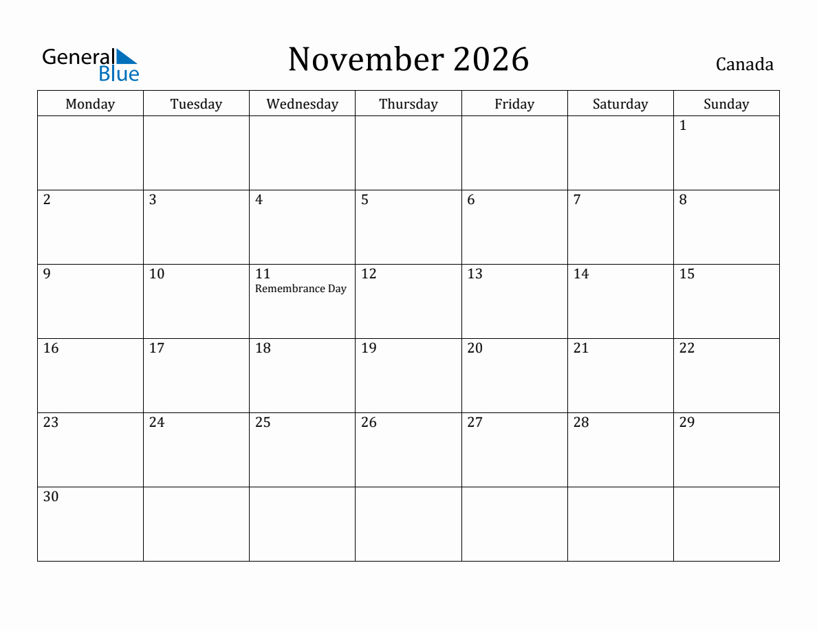 Canada Monthly Calendar November 2026 Monday Start 