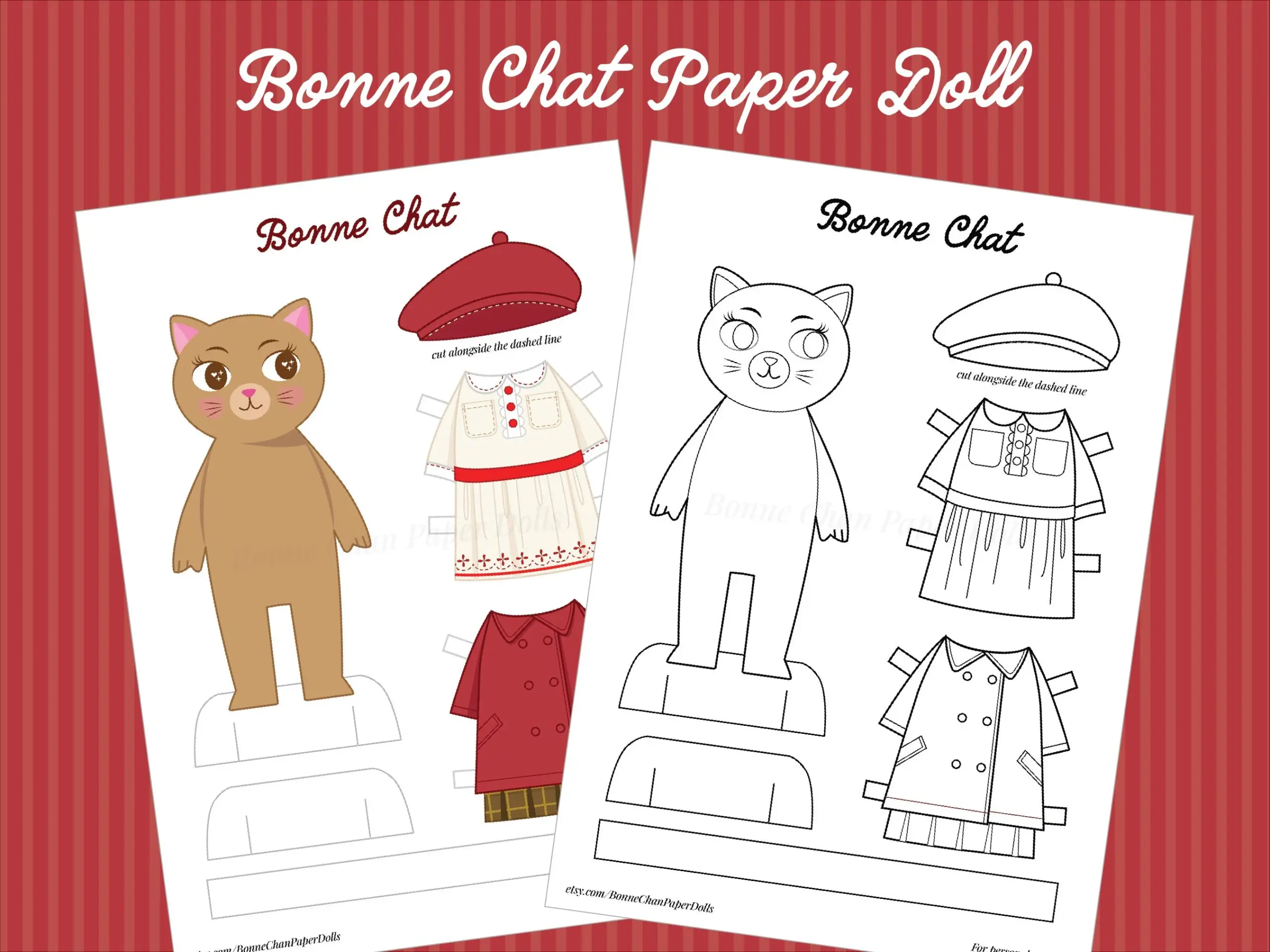 Cat Paper Doll Printable With Clothes amp Coloring Page digital 