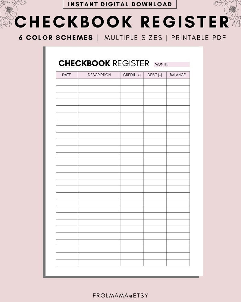 Checkbook Register Printable Transaction Register Planner 