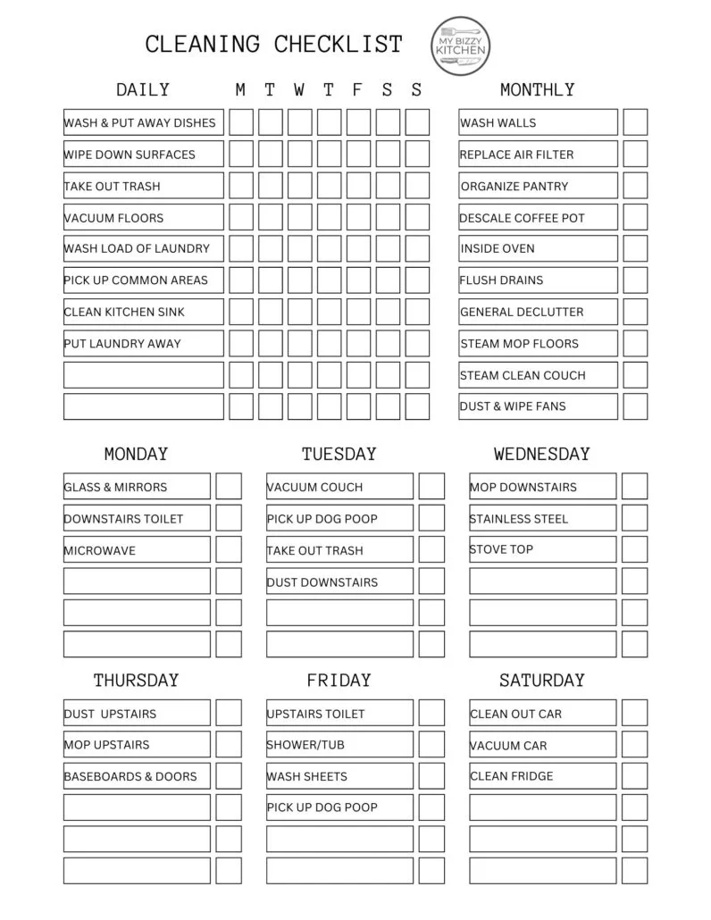 Cleaning Schedule Checklist Printables My Bizzy Kitchen