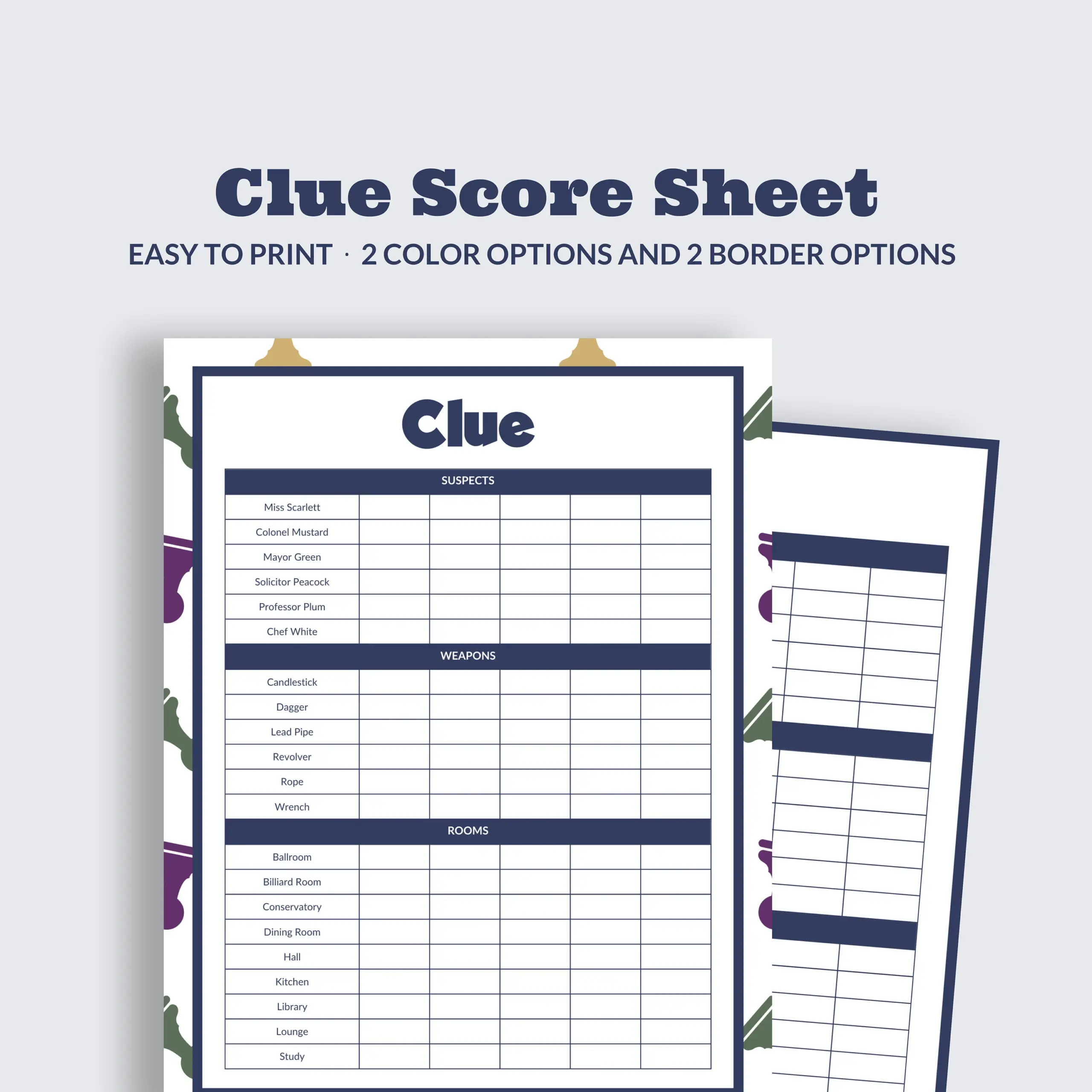 Clue Game Score Sheet Printable Score Sheet Clue Score Pad 