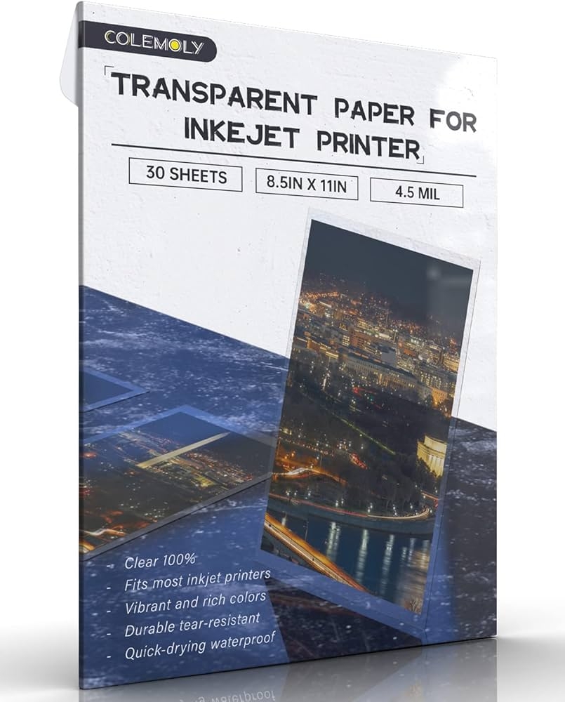 Colemoly Clear Paper 30 Sheets Inkjet Transparency Film Inkjet 