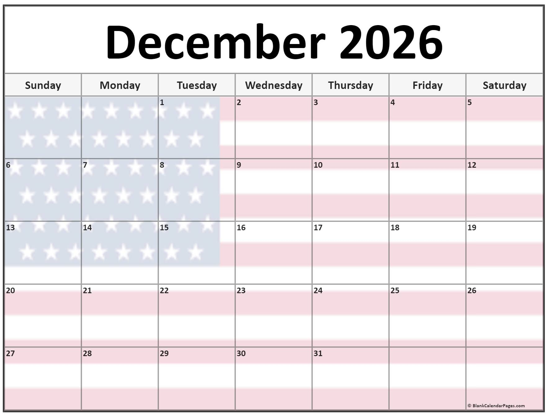 December 2026 Star Calendar Printable