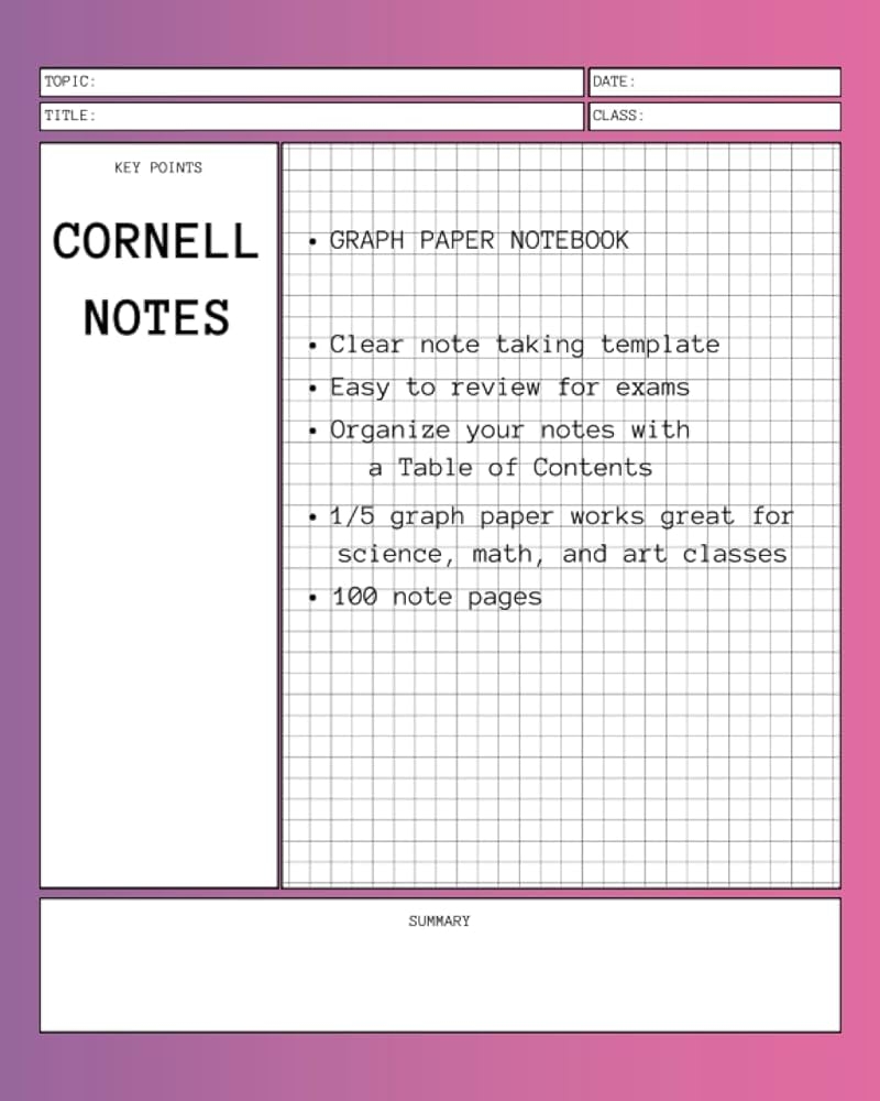 Cornell Notes Graph Paper Notebook For Organized Note Taking 100 Pages 8 X 10 Pink And Purple Cover Ideal For Science And Math Classes Note 