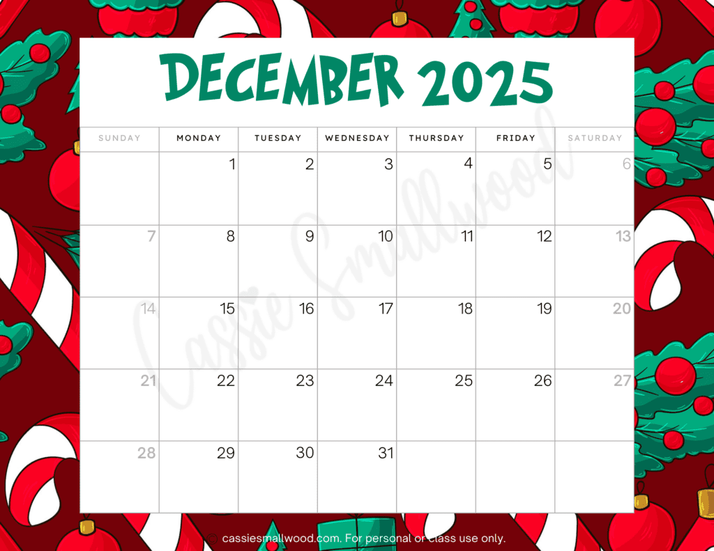 Cute December Printable Monthly Calendars