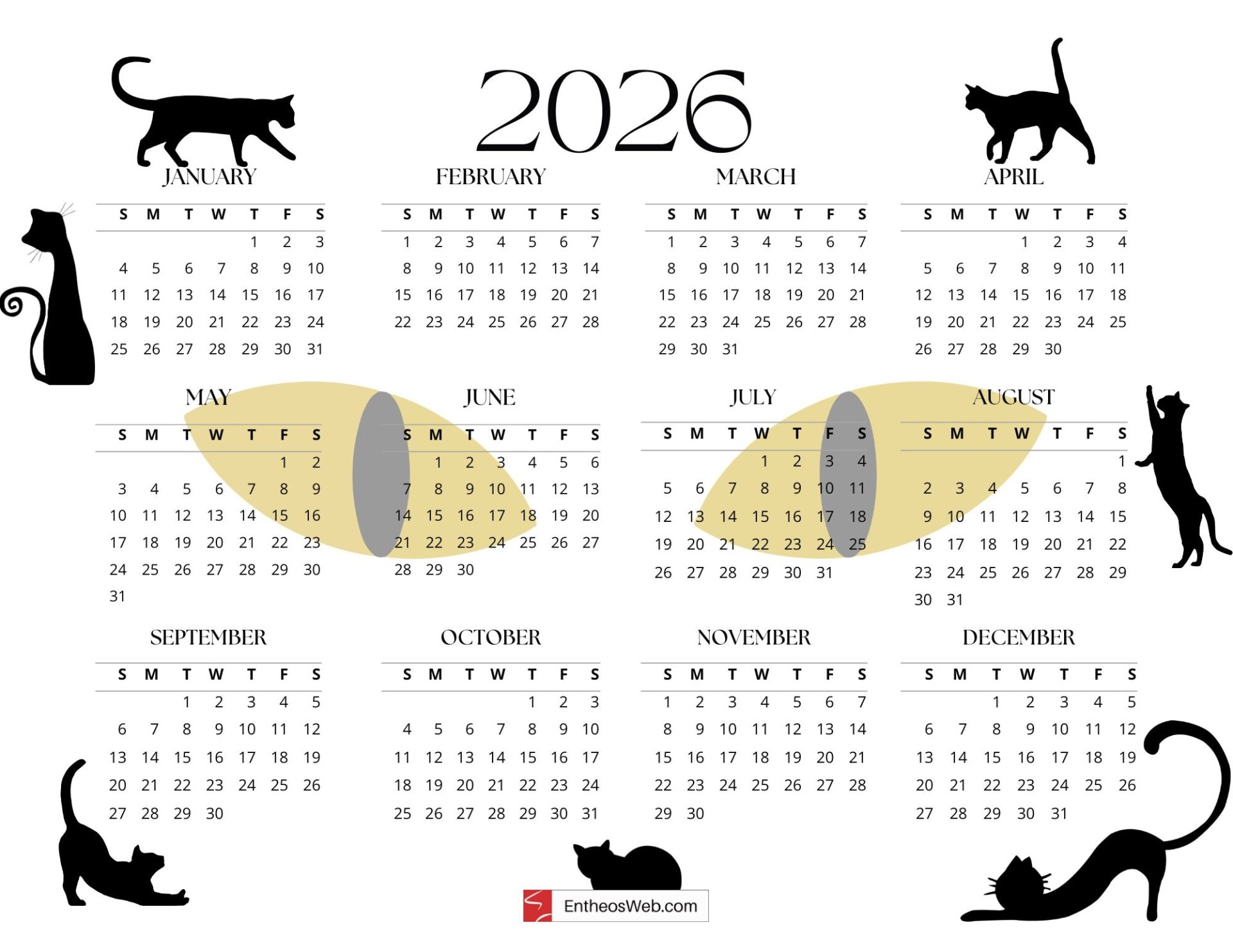 Cute Cats Pastel 2026 Monthly Calendar For Print Landscape 