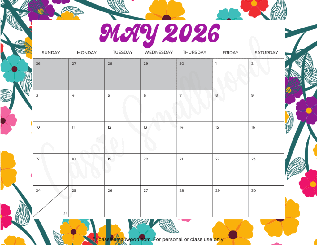 Monthly Printable Calendar 2026