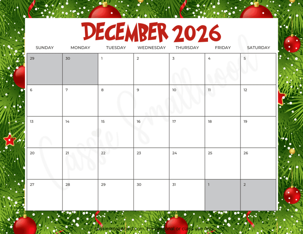 Cute Free Printable 2026 Monthly Calendar Blank amp With Holidays 