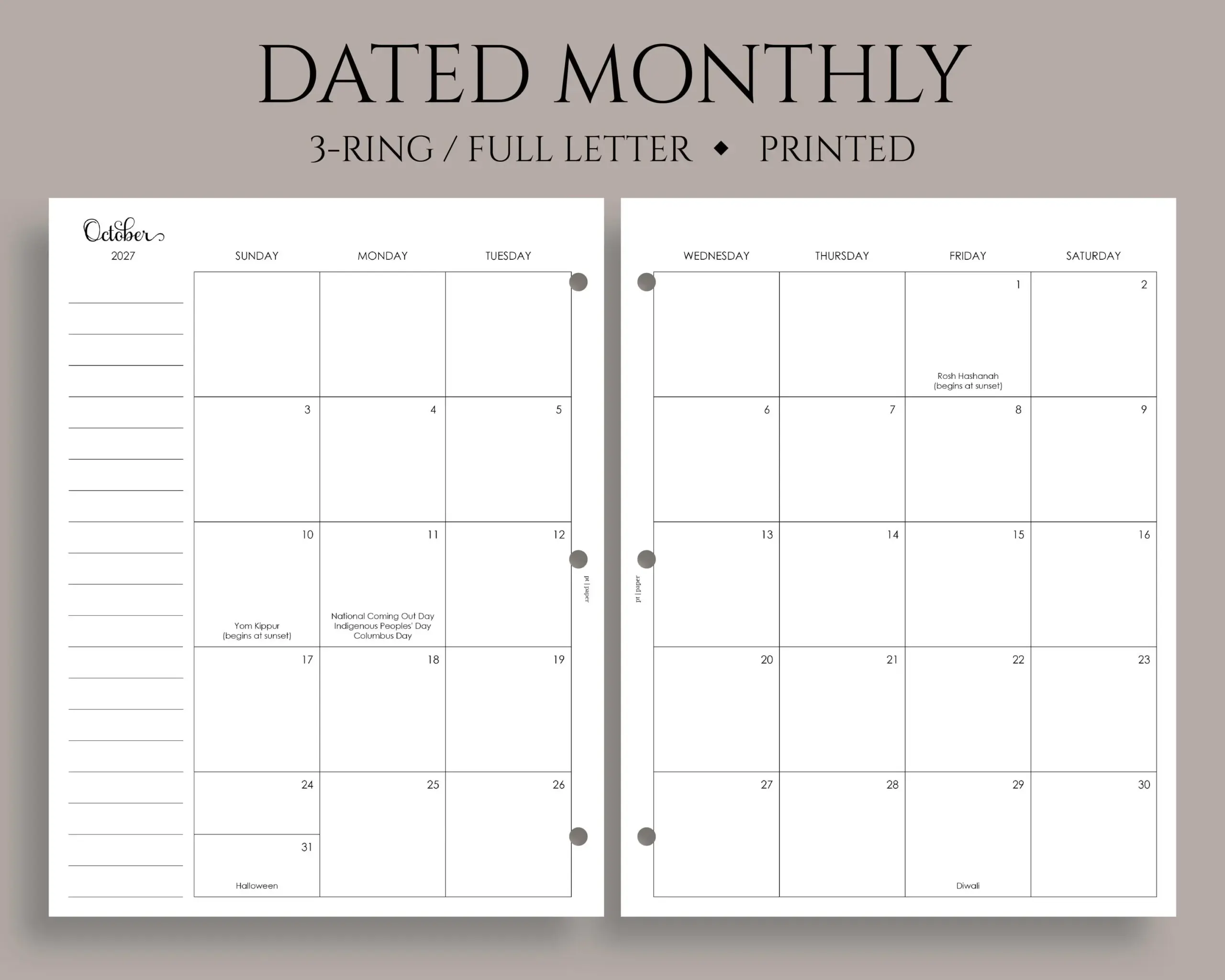 Dated Monthly Calendar Planner Inserts 3 ring Full Letter Sunday 