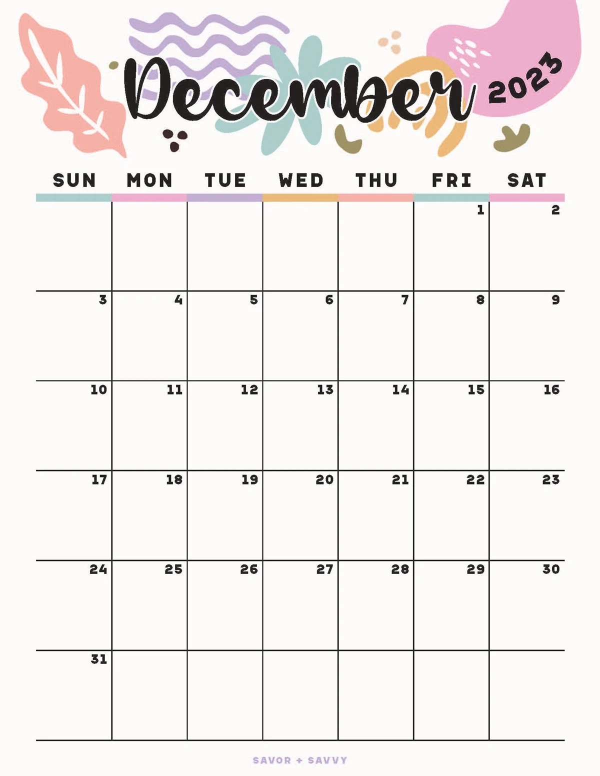 December Calendar Free Printable Cute