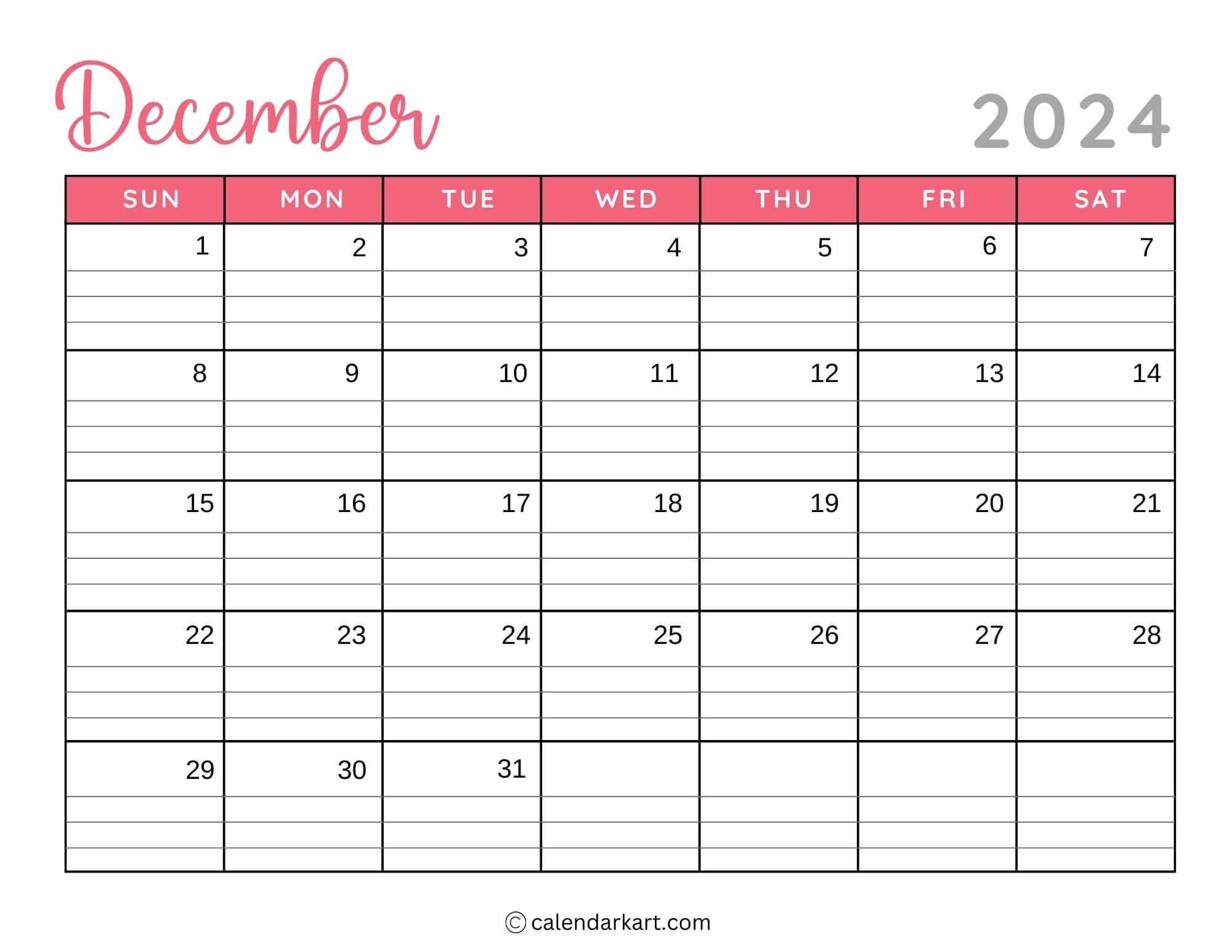 December 2024 Calendars Printable PDF CalendarKart