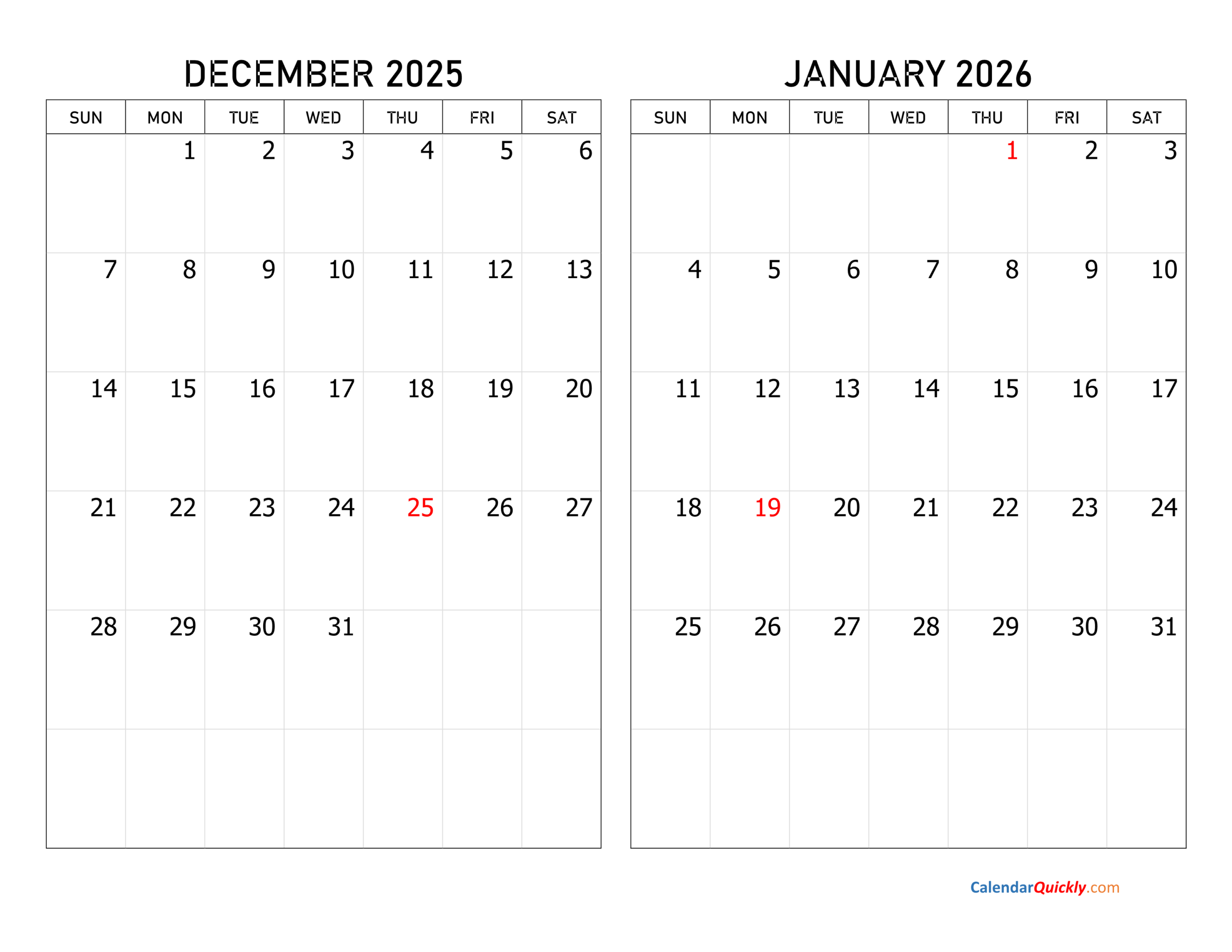 Printable December 2026 January 2027 Calendar