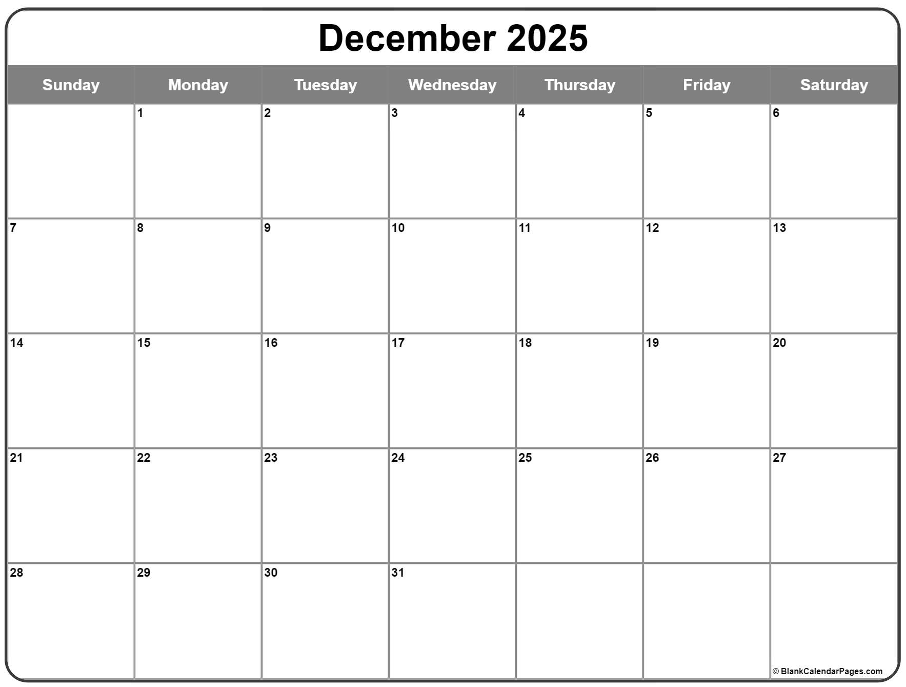 Printable Large Blank December Calendar