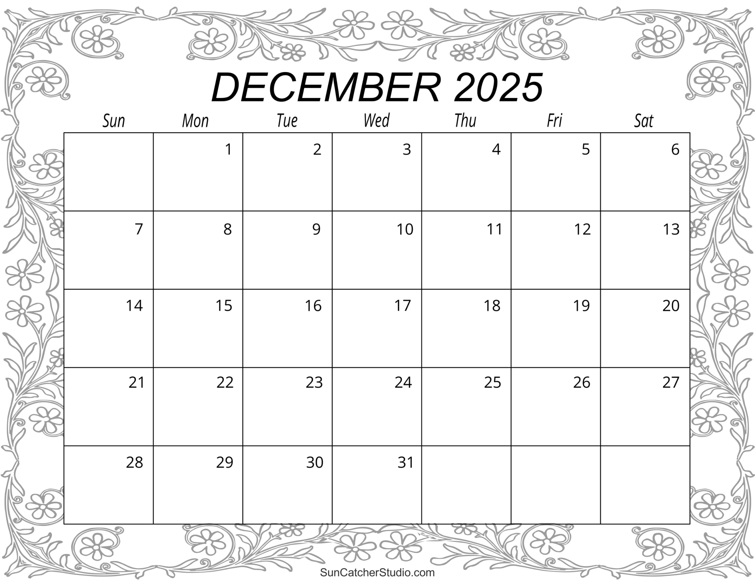 Printable Monthly Calendar December