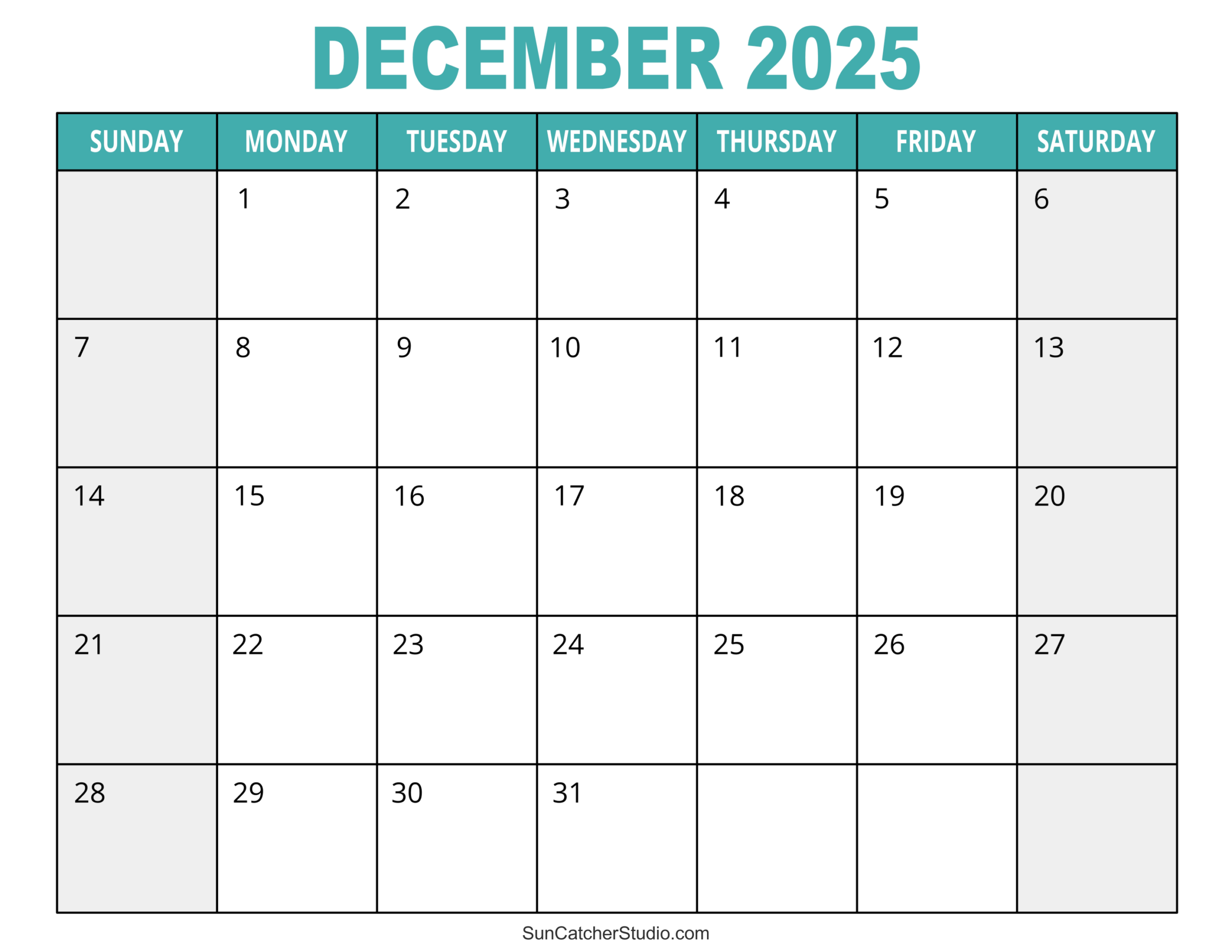 Calendar December Chart Printable