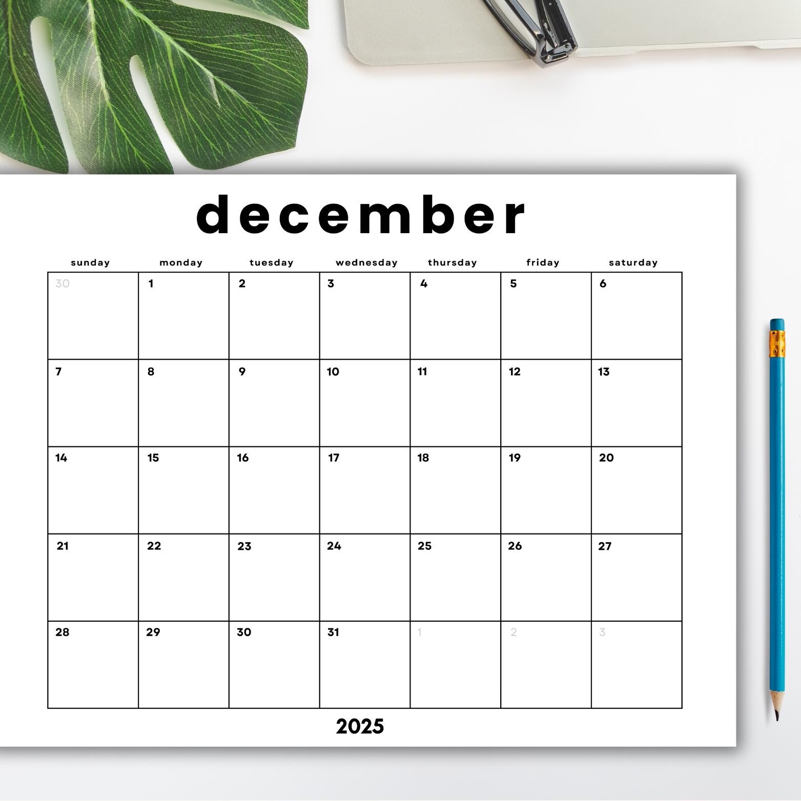 December 2025 Calendar Printable Minimalist Monthly Planner PDF 