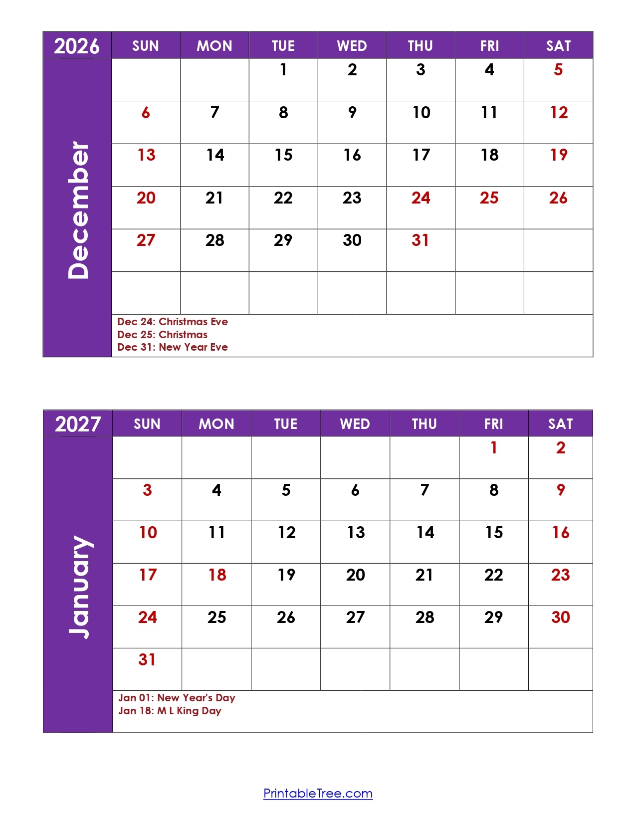 January December 2026 Printable Calendar