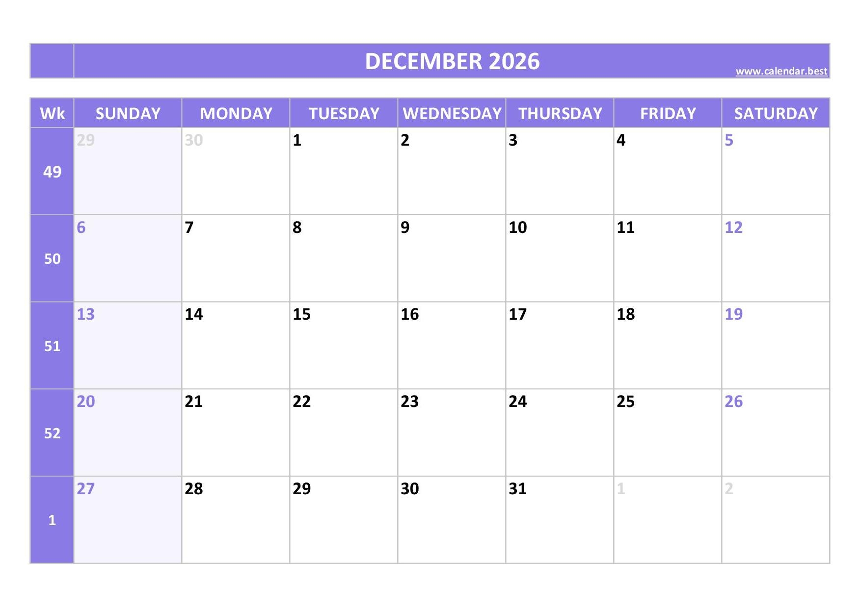 December 2026 Calendar Calendar best
