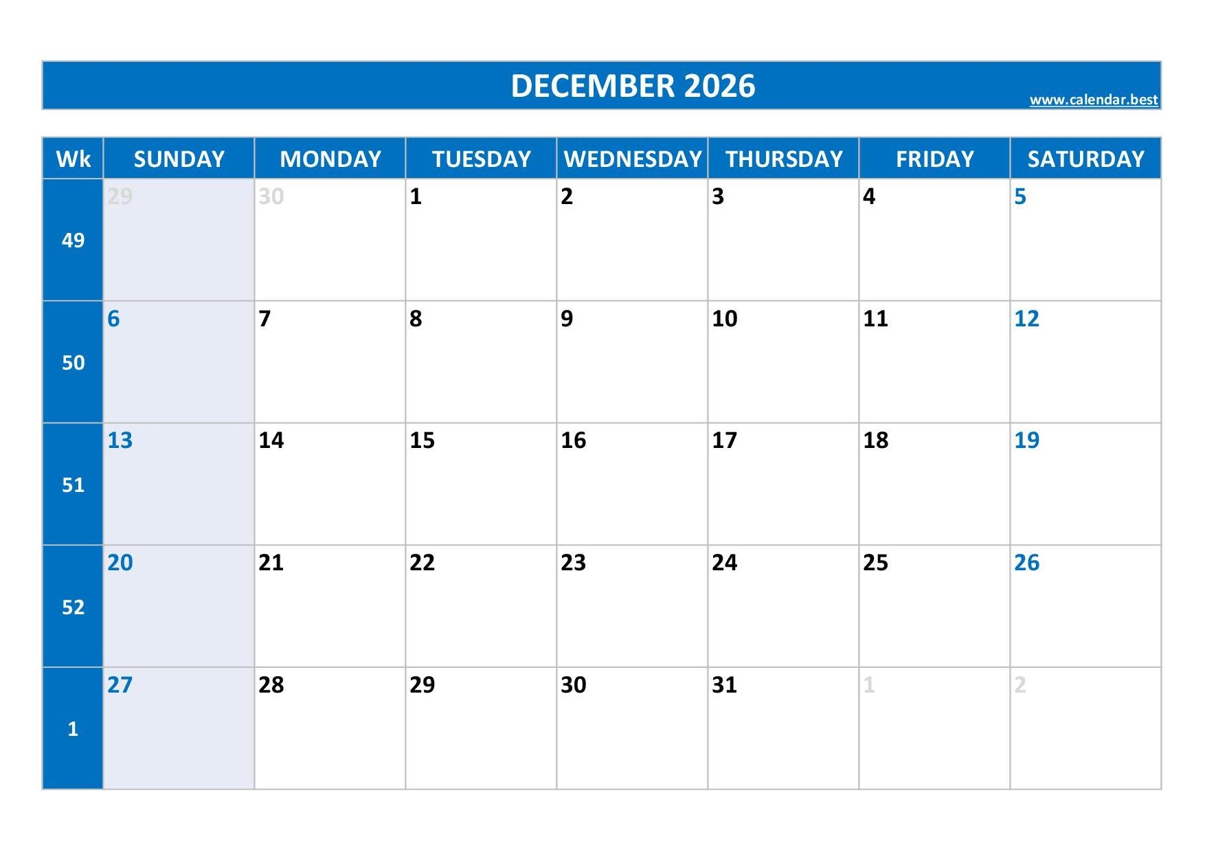 December 2026 Calendar Calendar best